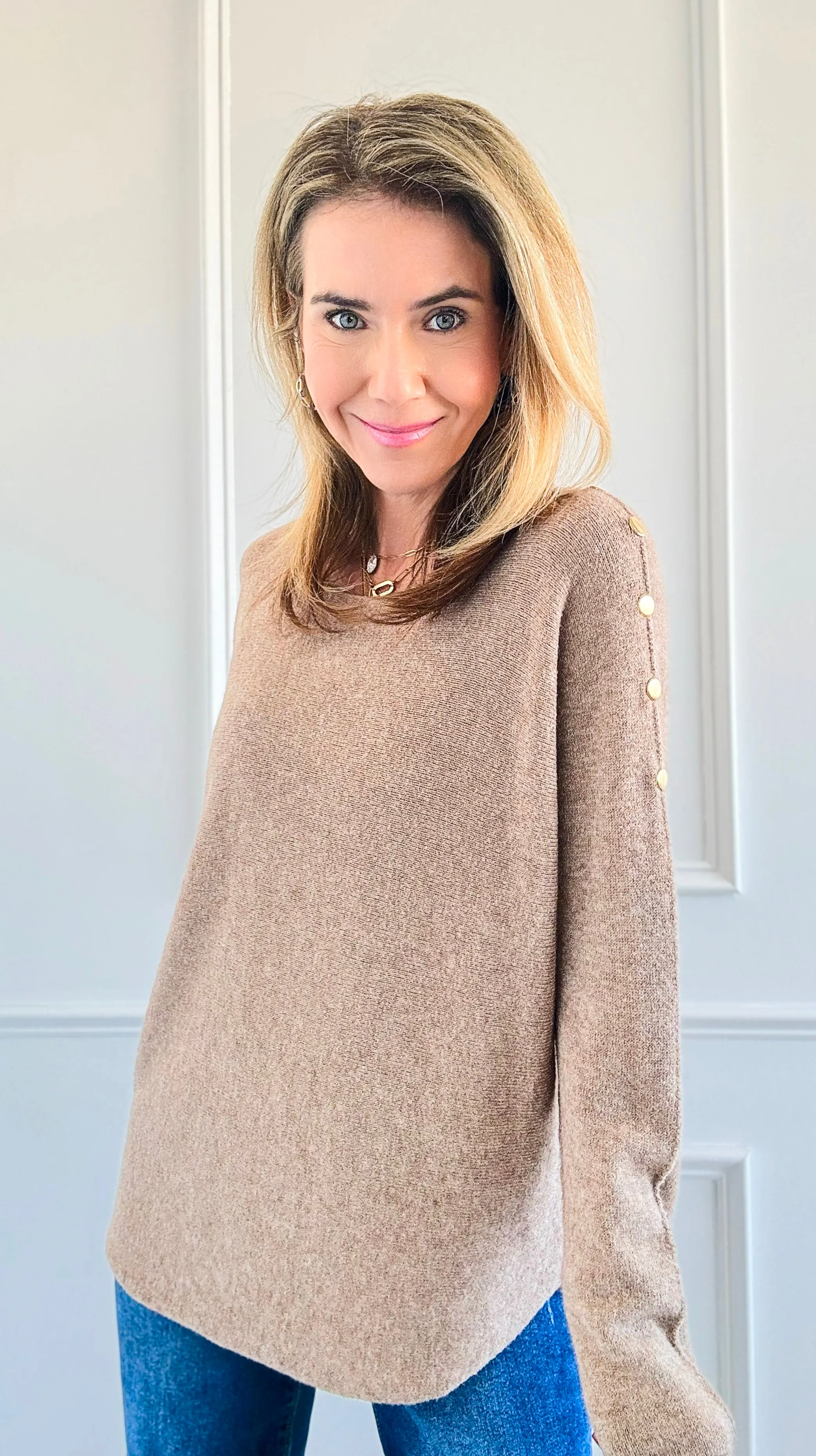 Luxe Shoulder Italian Knit Sweater- Light Camel