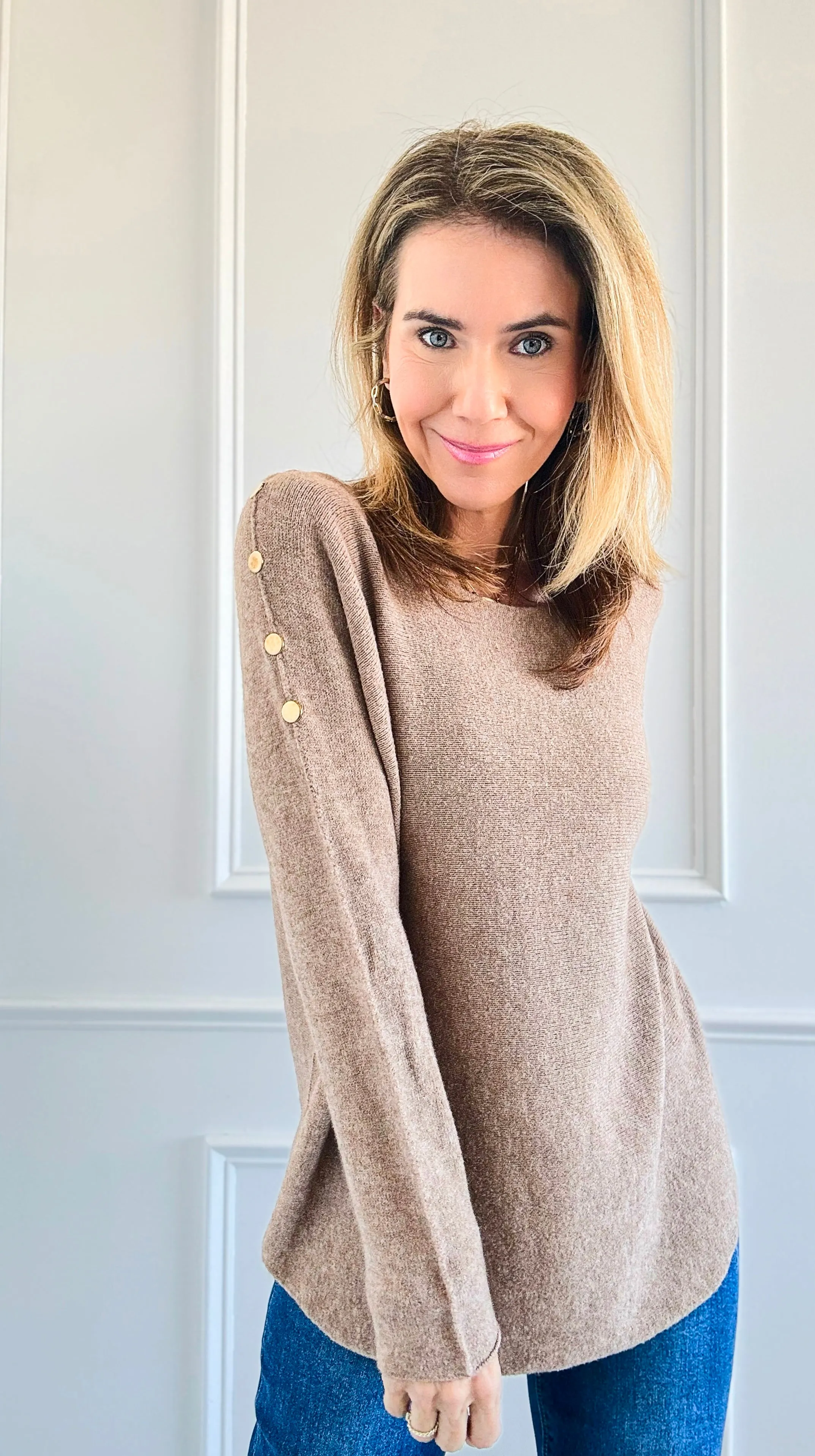 Luxe Shoulder Italian Knit Sweater- Light Camel