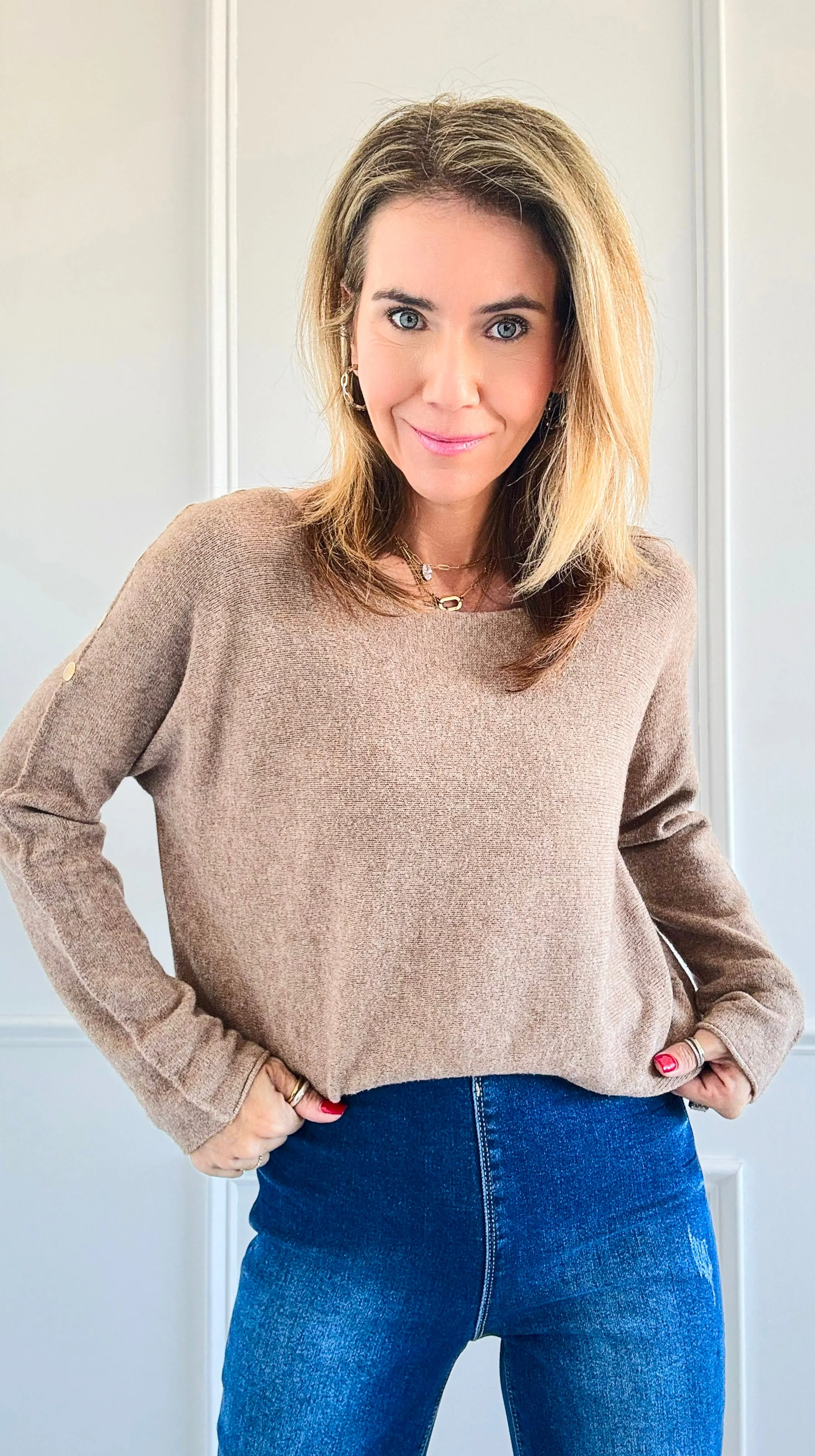 Luxe Shoulder Italian Knit Sweater- Light Camel