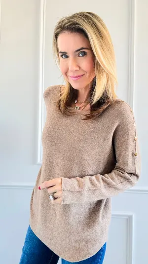 Luxe Shoulder Italian Knit Sweater- Light Camel