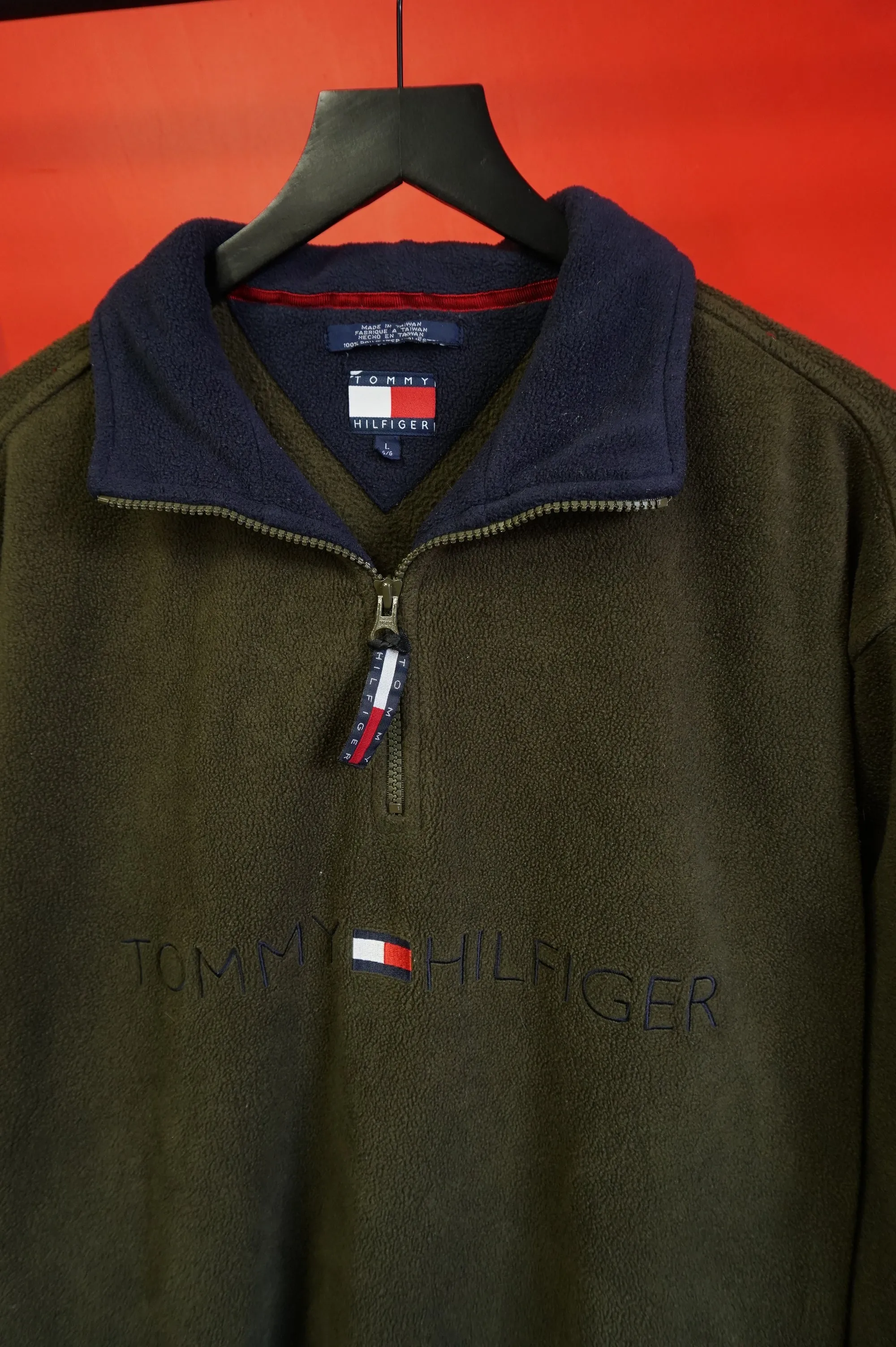 (L/XL) Vtg Olive Green Tommy Hilfiger Fleece Pullover