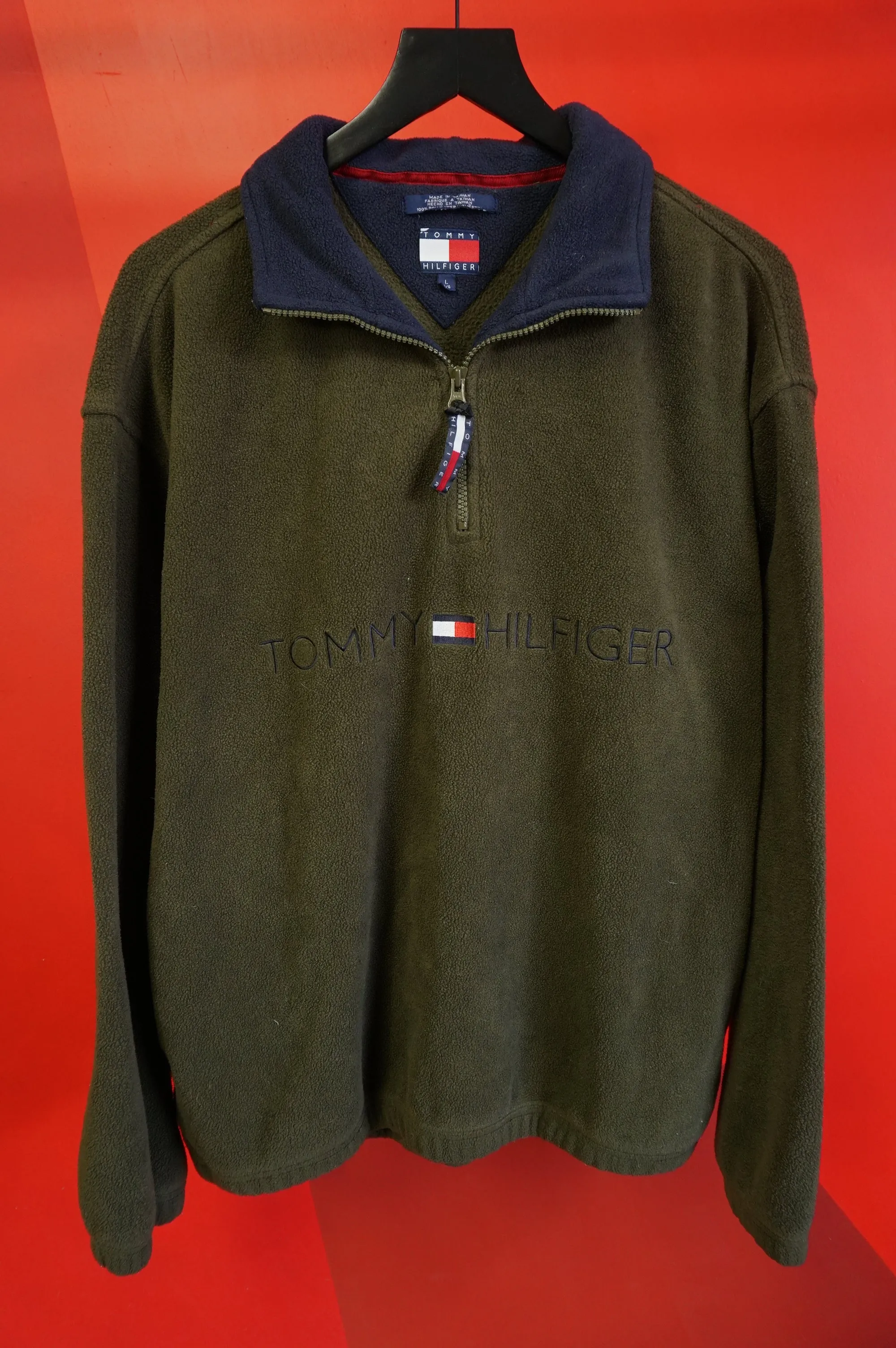 (L/XL) Vtg Olive Green Tommy Hilfiger Fleece Pullover