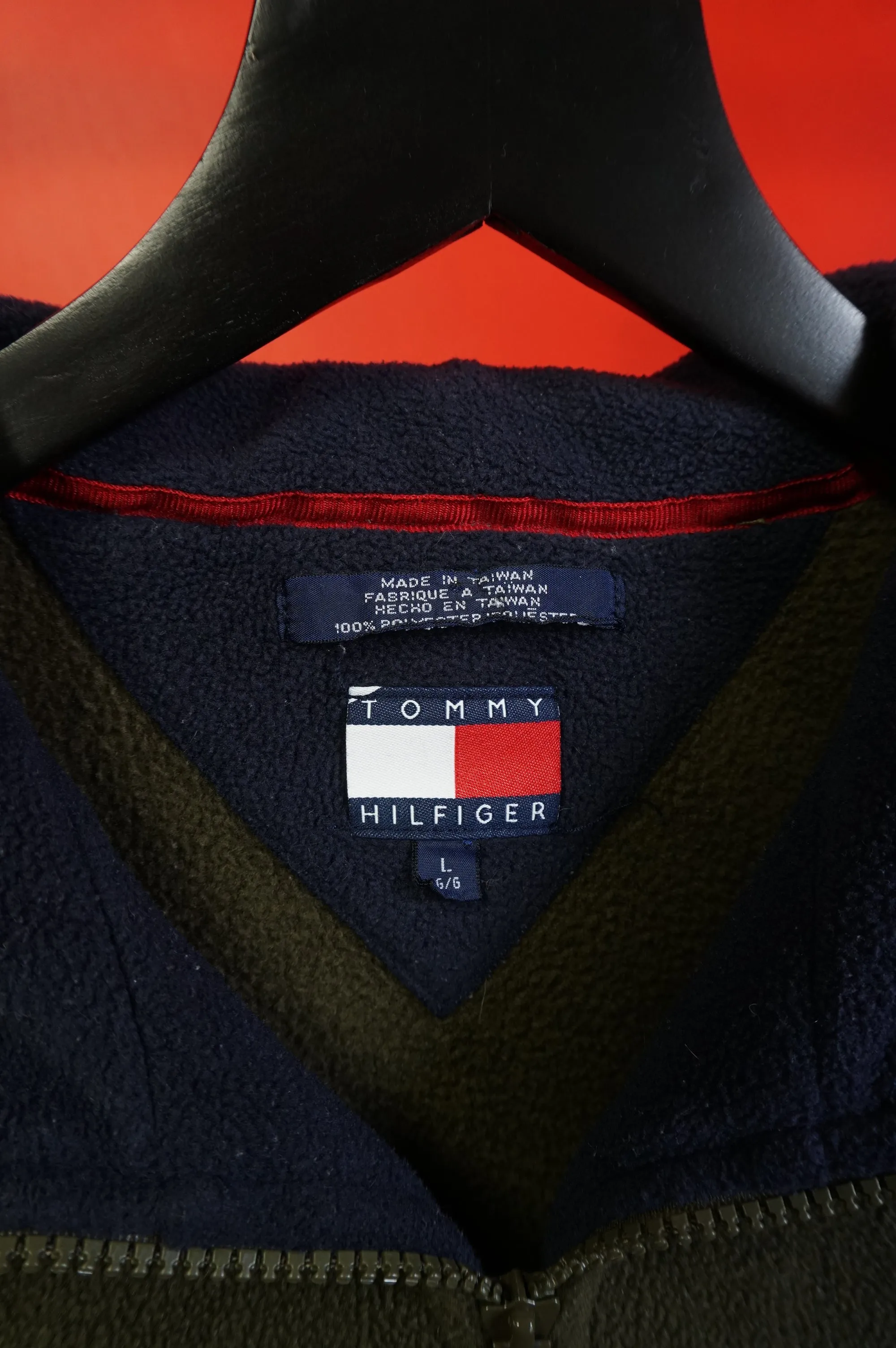 (L/XL) Vtg Olive Green Tommy Hilfiger Fleece Pullover