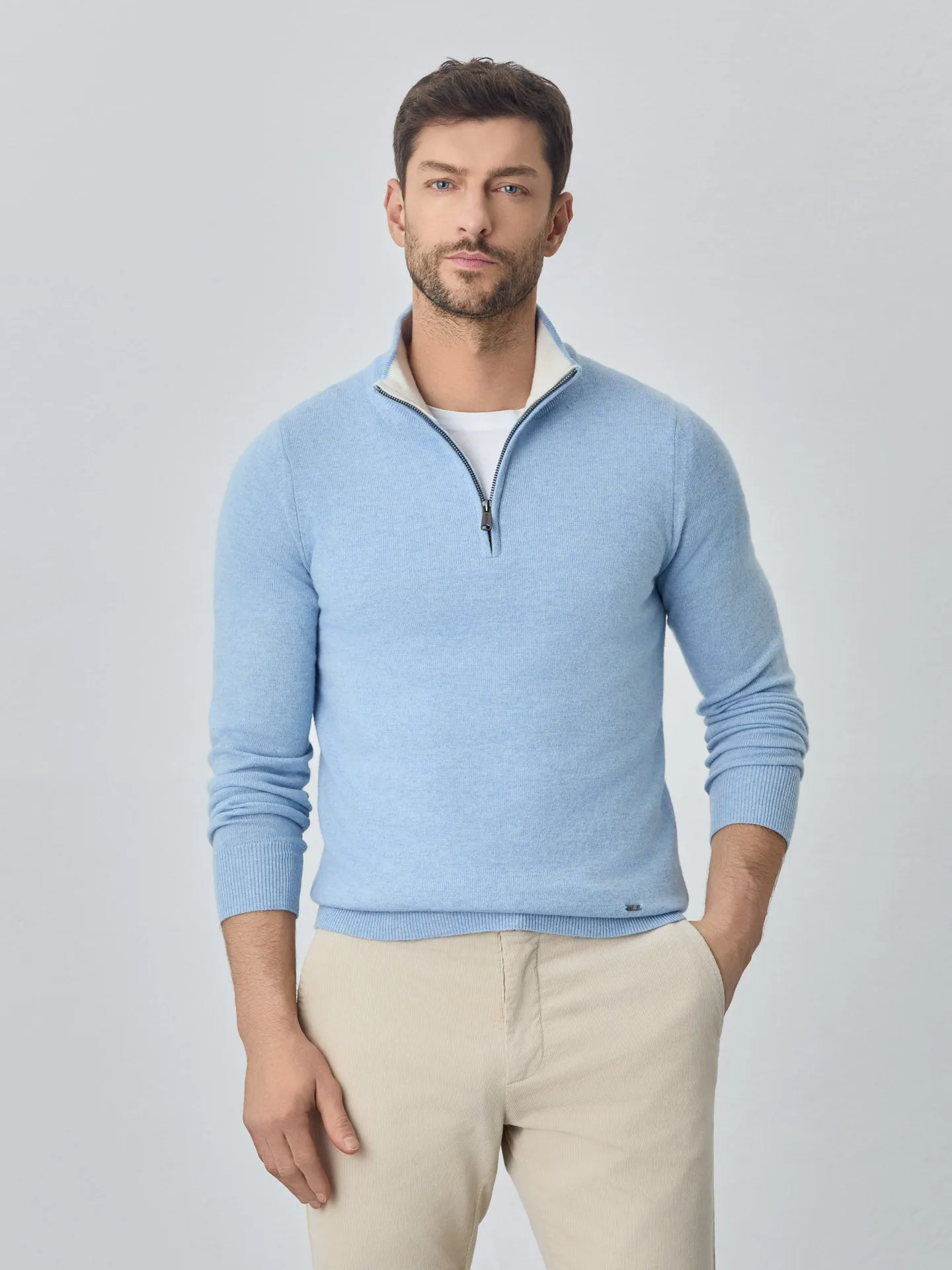 Machine Washable Half-Zip Sweater With Long Sleeves In Lambswool Blend