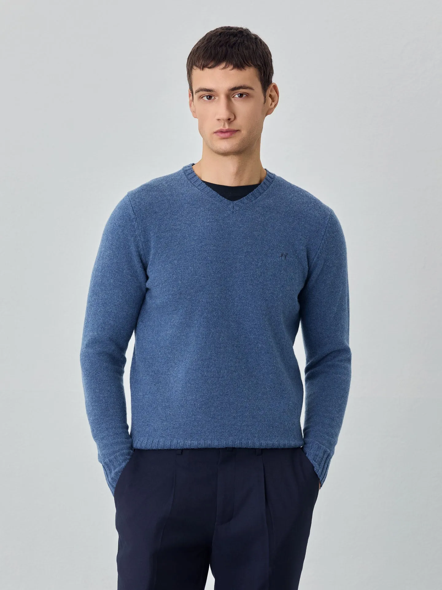 Machine Washable V-Neck Sweater With Long Sleeves In Lambswool