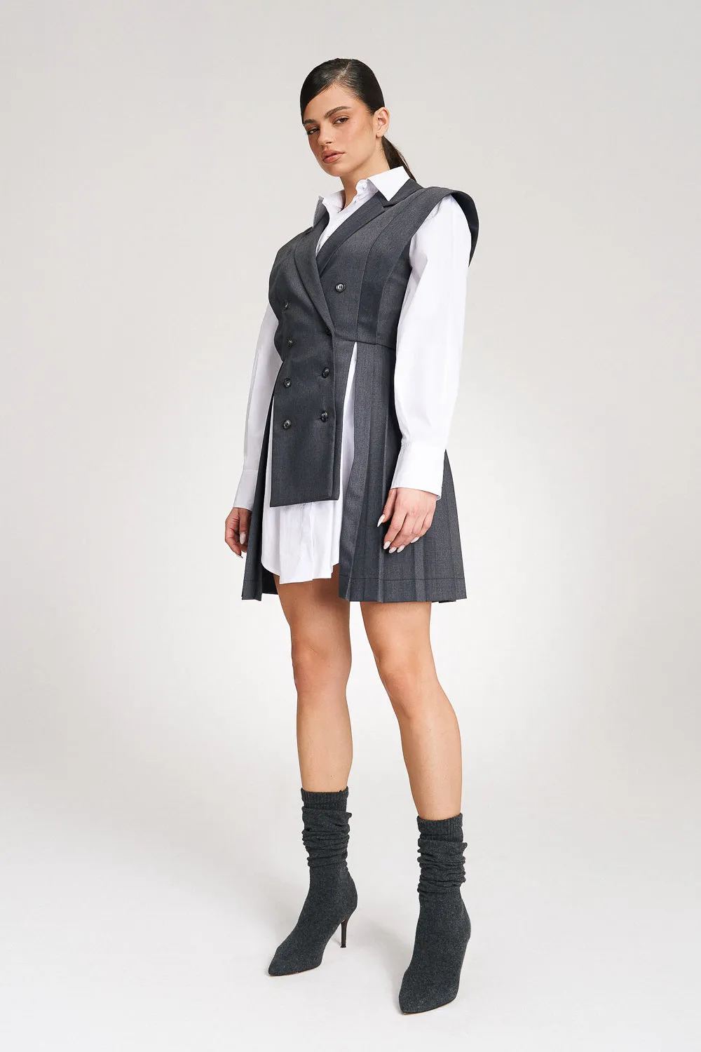 ‘Marbella’ Grey Pleated Vest Shirt Suit Dress