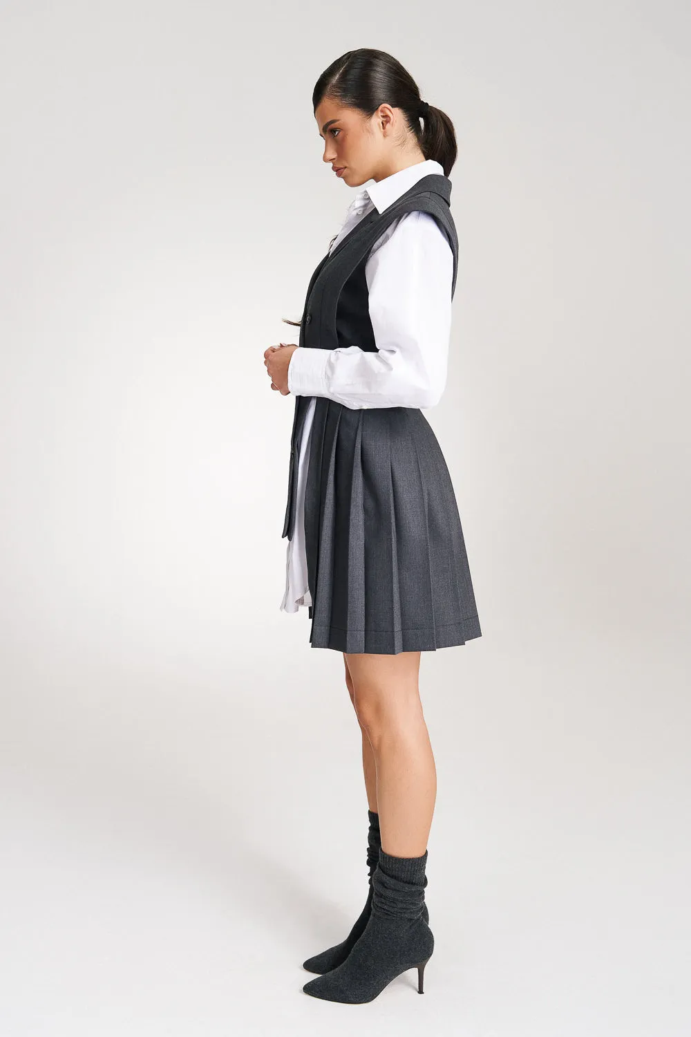 ‘Marbella’ Grey Pleated Vest Shirt Suit Dress