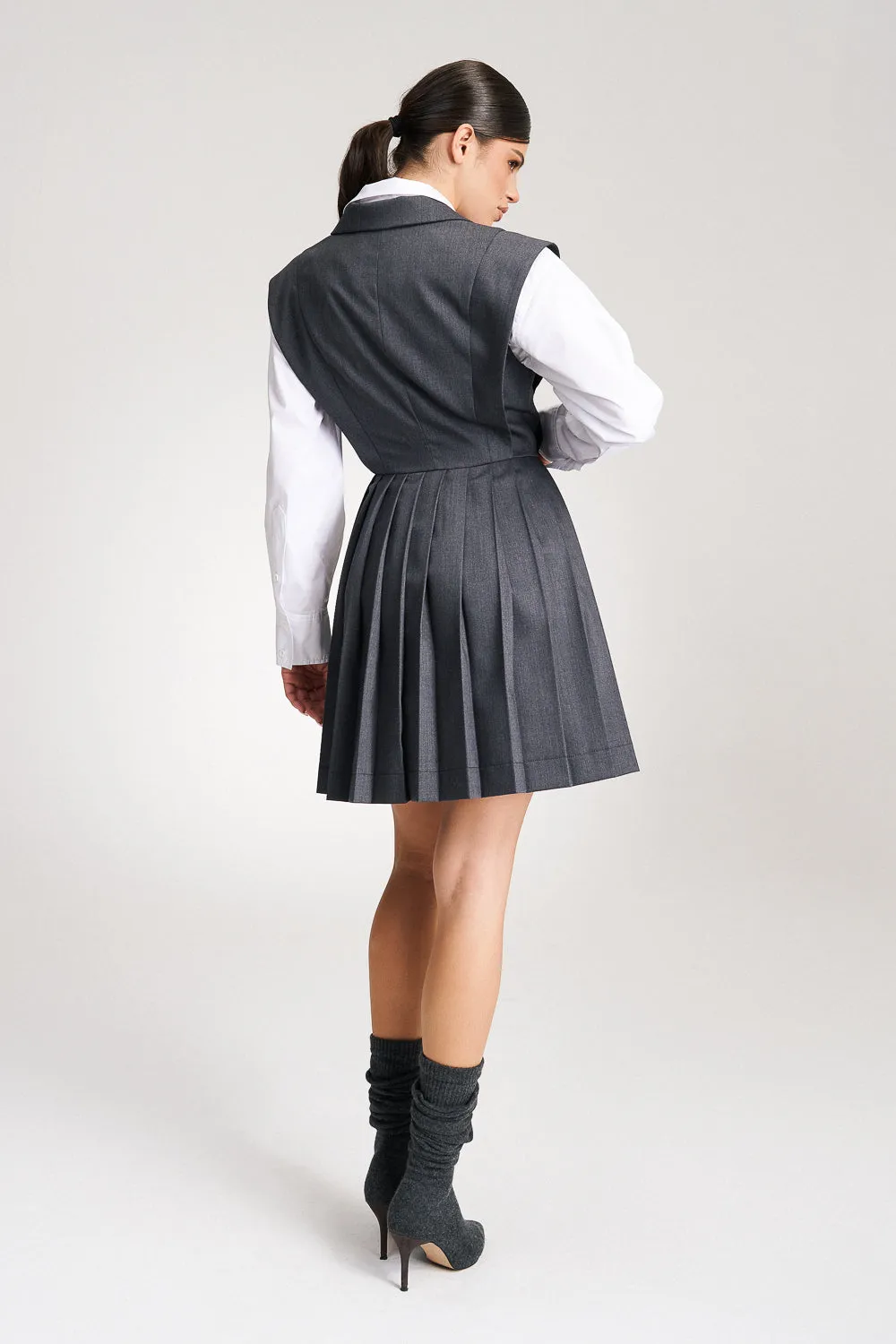 ‘Marbella’ Grey Pleated Vest Shirt Suit Dress