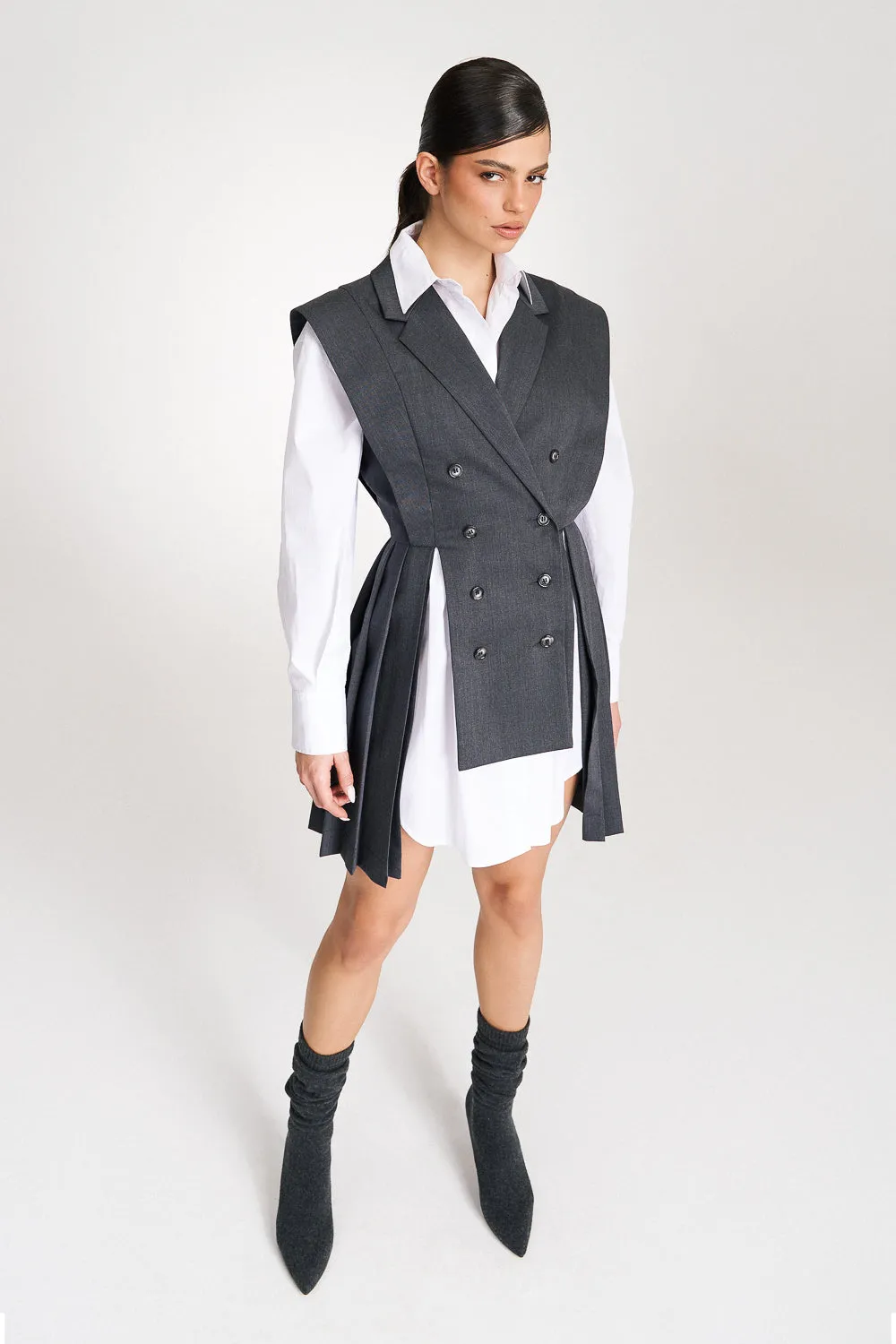 ‘Marbella’ Grey Pleated Vest Shirt Suit Dress