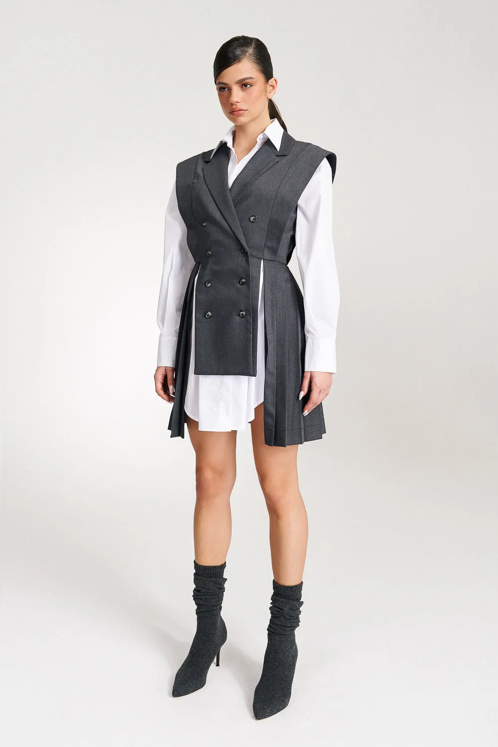 ‘Marbella’ Grey Pleated Vest Shirt Suit Dress