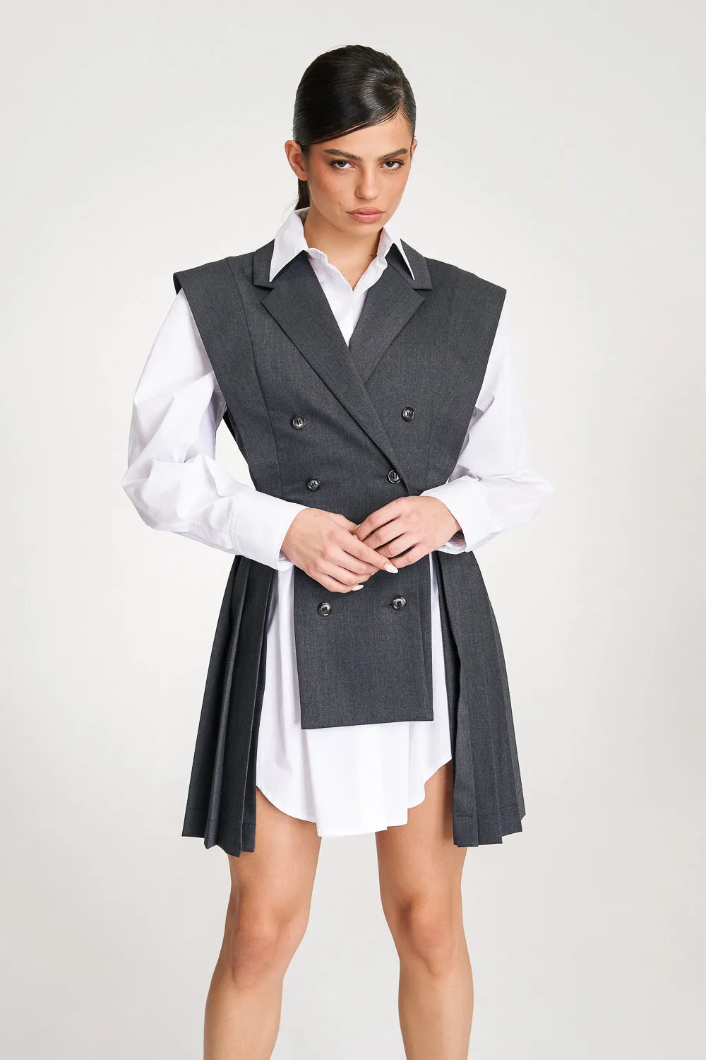 ‘Marbella’ Grey Pleated Vest Shirt Suit Dress