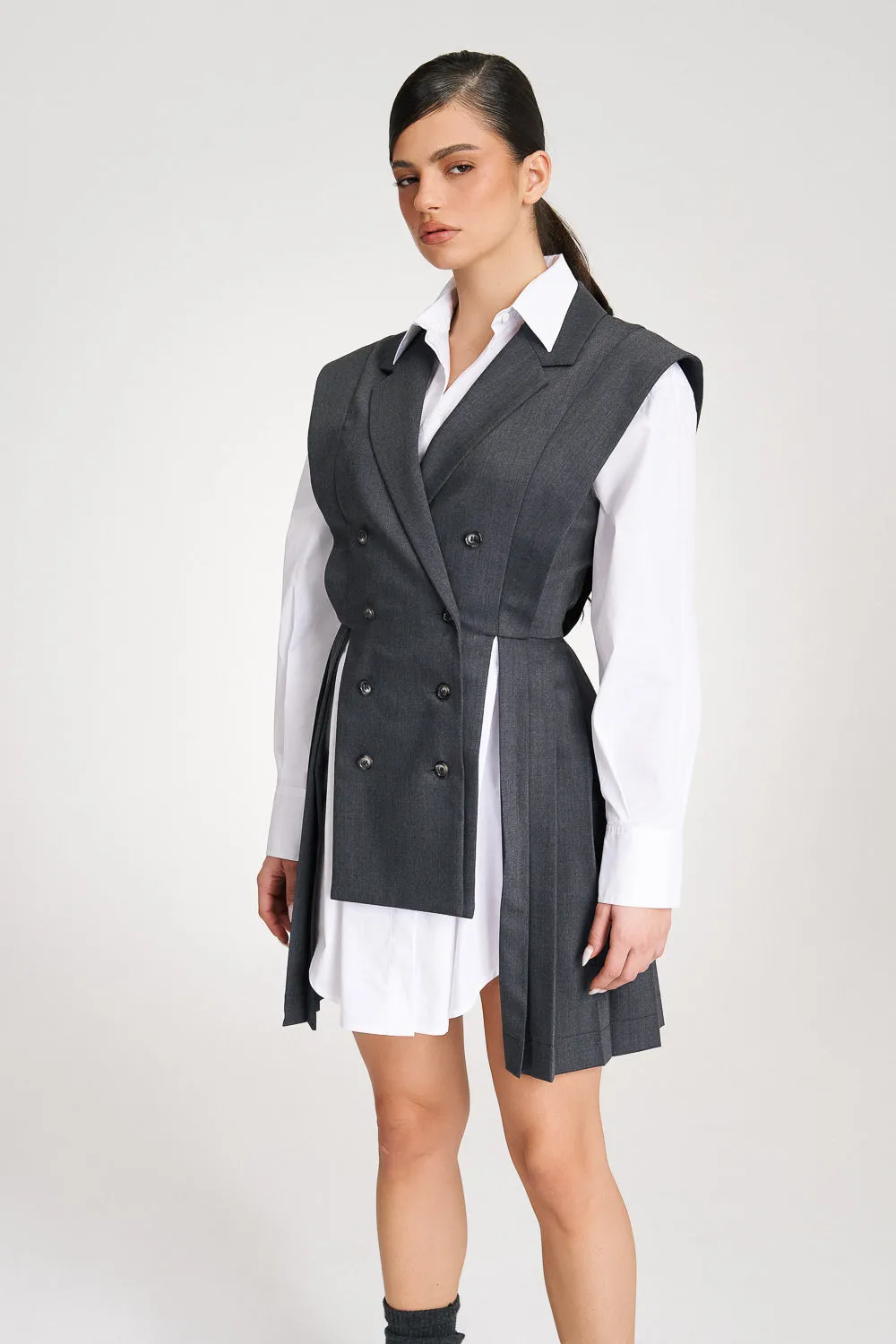 ‘Marbella’ Grey Pleated Vest Shirt Suit Dress