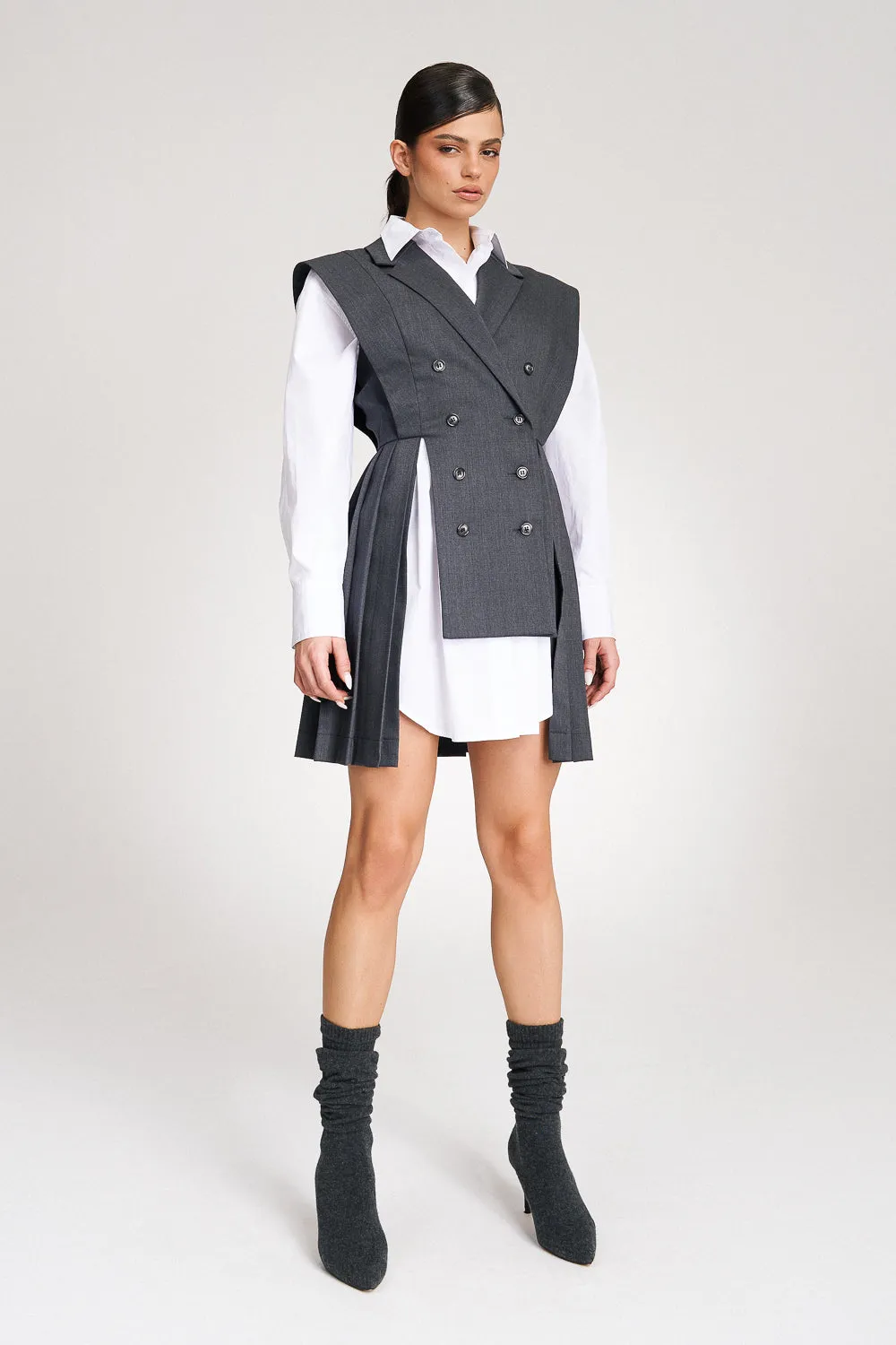 ‘Marbella’ Grey Pleated Vest Shirt Suit Dress