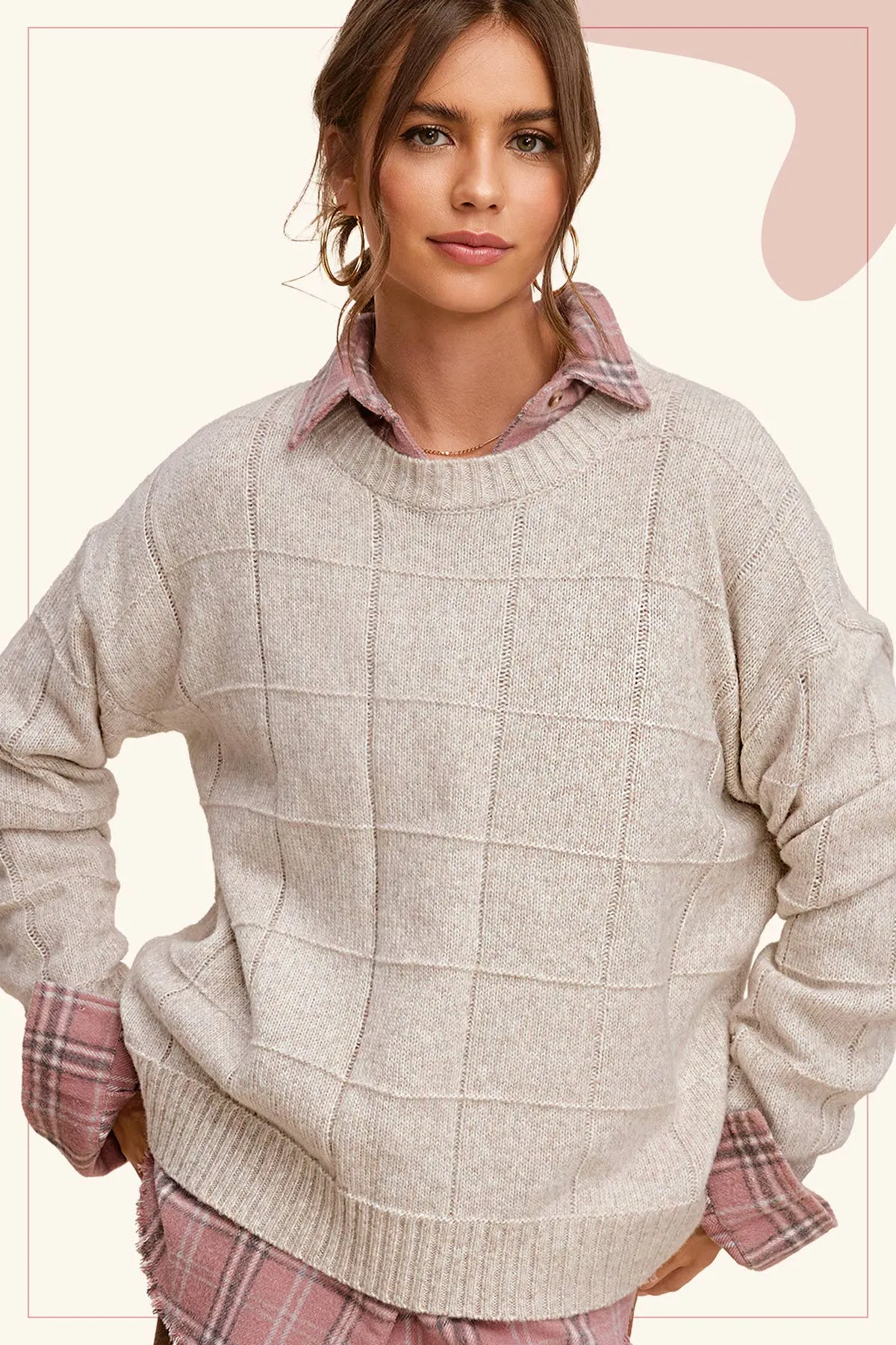 MCS3564-Loose Fit Windowpane Patterned Two Tone Sweater