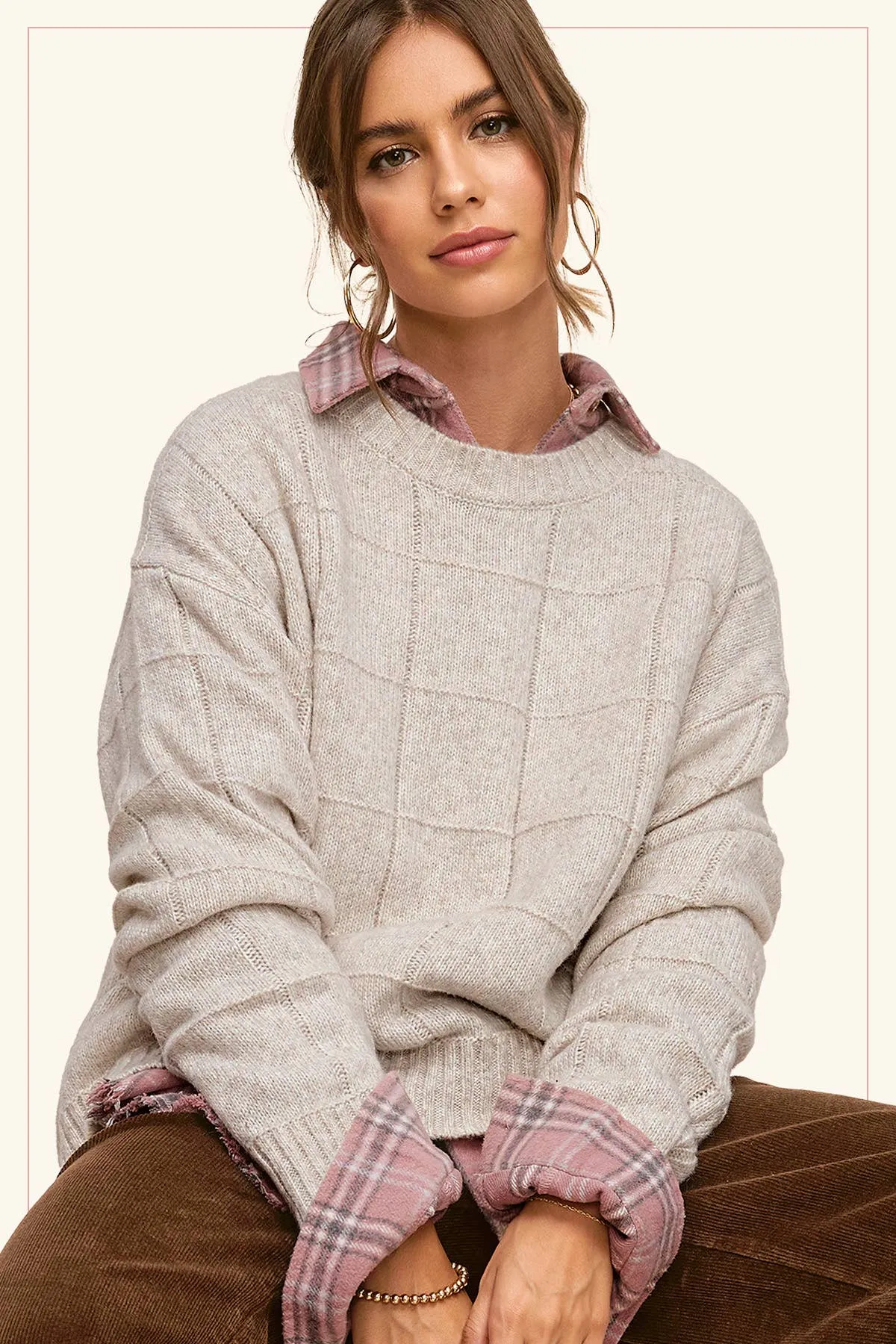 MCS3564-Loose Fit Windowpane Patterned Two Tone Sweater