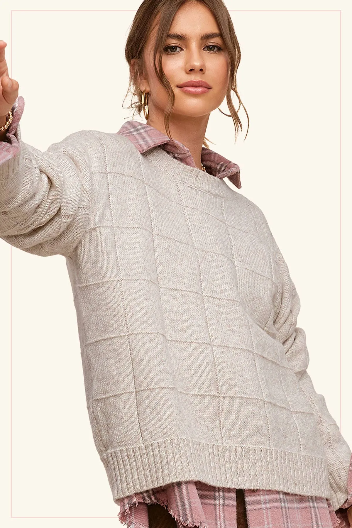 MCS3564-Loose Fit Windowpane Patterned Two Tone Sweater