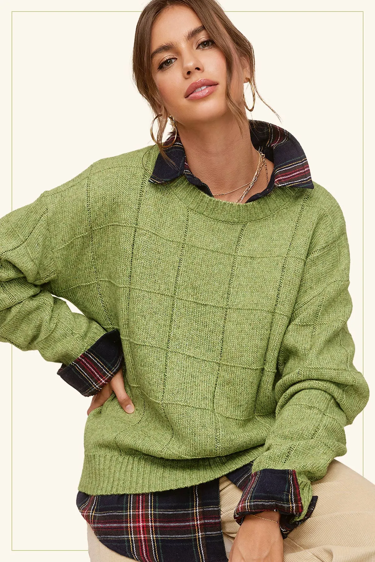 MCS3564-Loose Fit Windowpane Patterned Two Tone Sweater