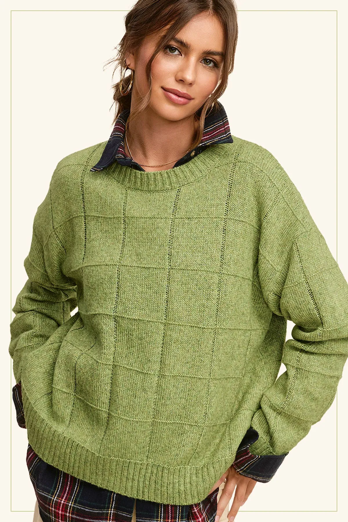 MCS3564-Loose Fit Windowpane Patterned Two Tone Sweater