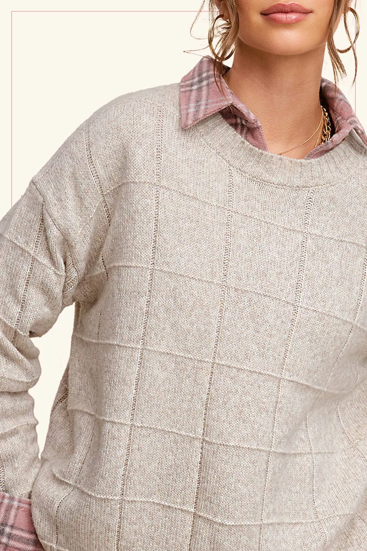 MCS3564-Loose Fit Windowpane Patterned Two Tone Sweater