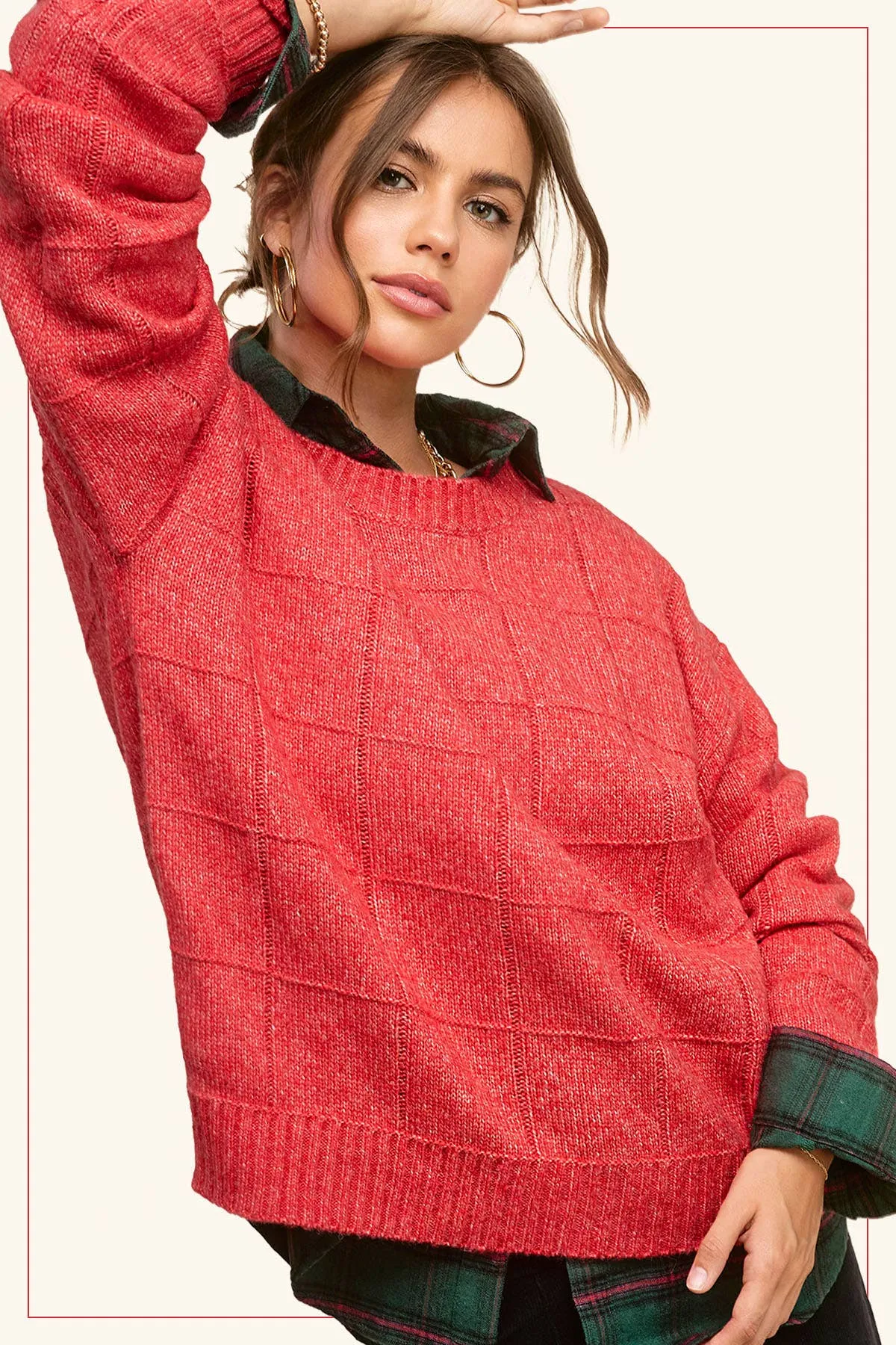 MCS3564-Loose Fit Windowpane Patterned Two Tone Sweater