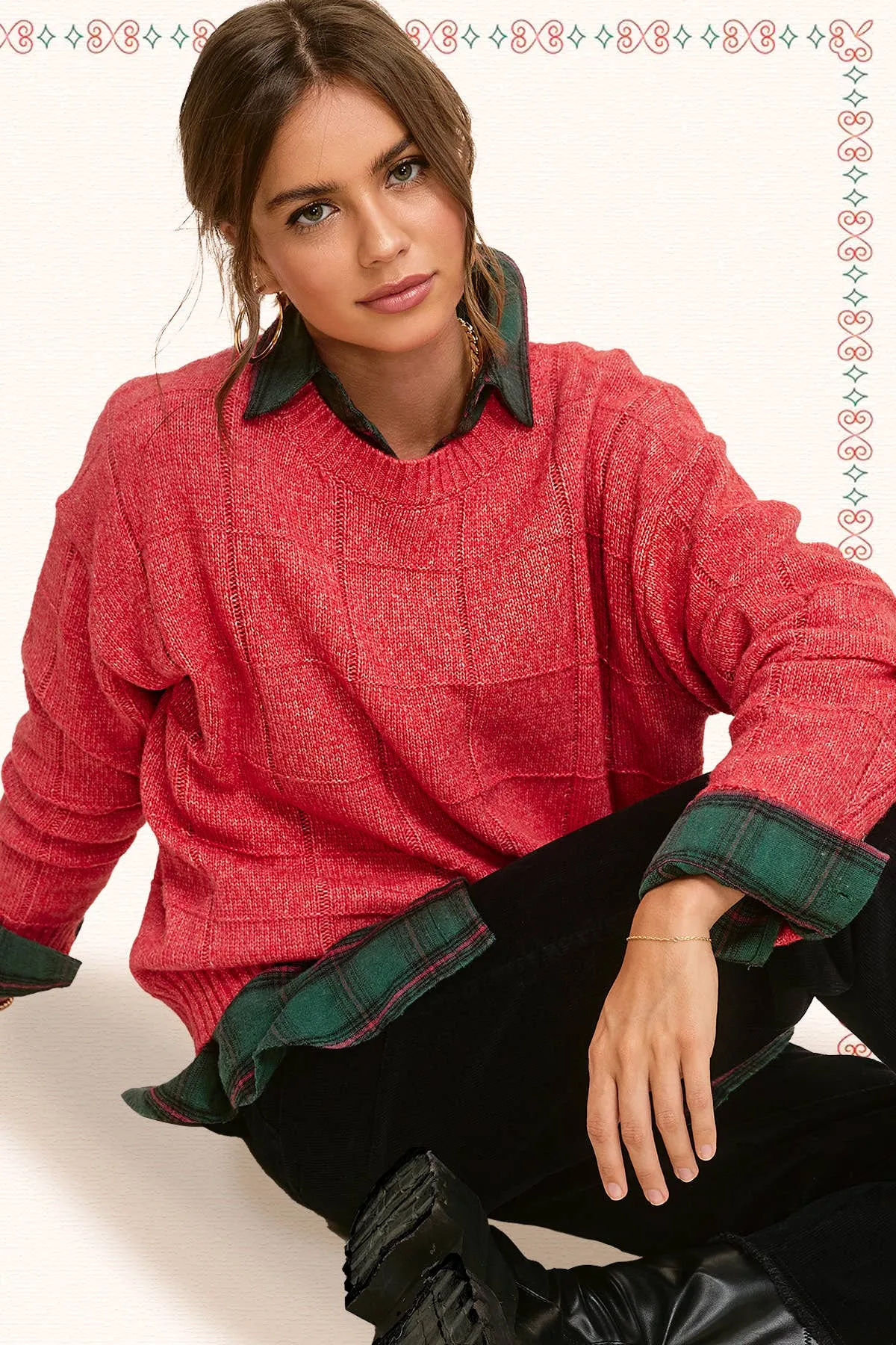 MCS3564-Loose Fit Windowpane Patterned Two Tone Sweater