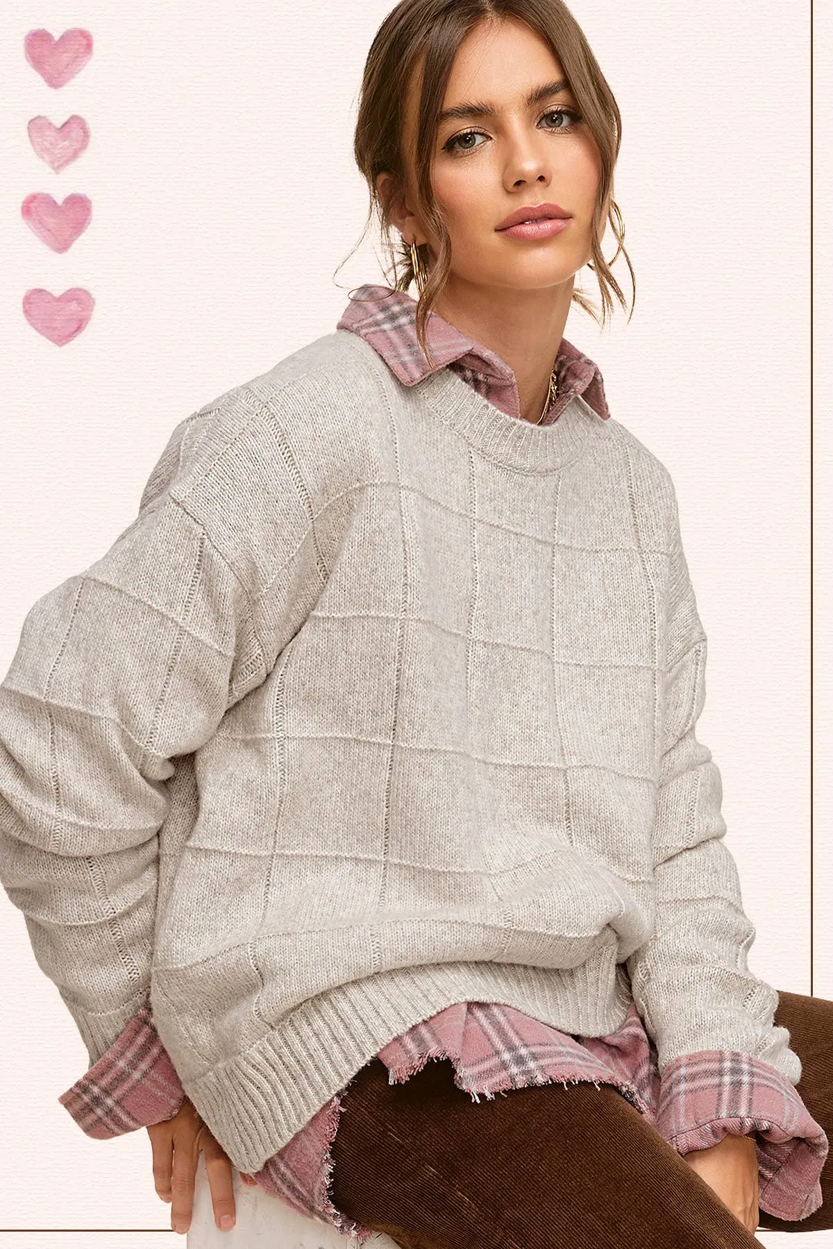 MCS3564-Loose Fit Windowpane Patterned Two Tone Sweater