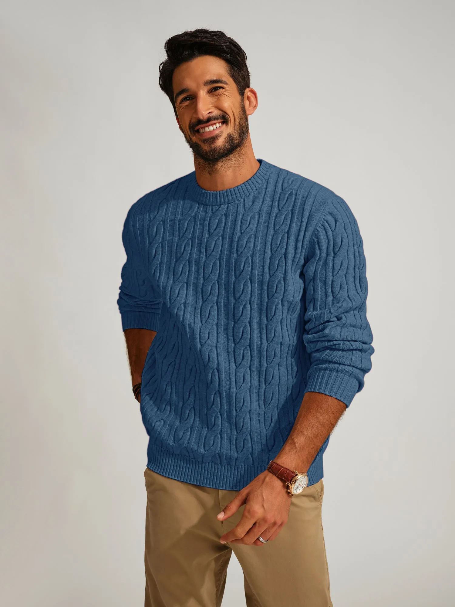 Men Cable Knitted Sweater Long Sleeve Crew Neck Ribbed Cuff Pullover