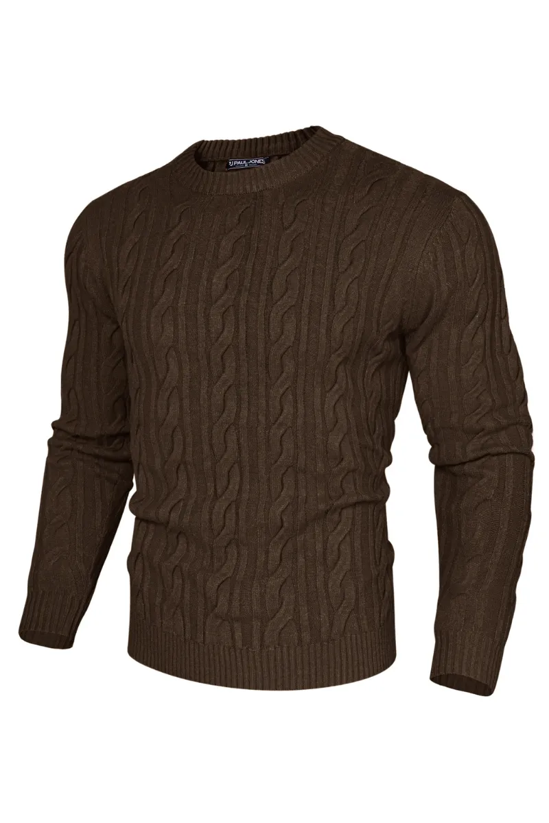 Men Cable Knitted Sweater Long Sleeve Crew Neck Ribbed Cuff Pullover