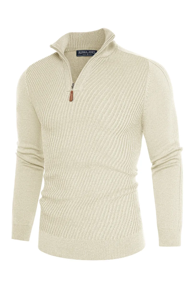 Men Stand Collar Sweater Long Sleeve Zip-up Neck Ribbed Cuff Pullover