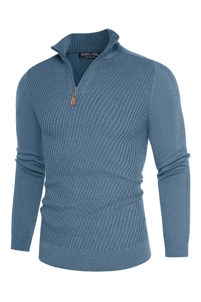 Men Stand Collar Sweater Long Sleeve Zip-up Neck Ribbed Cuff Pullover