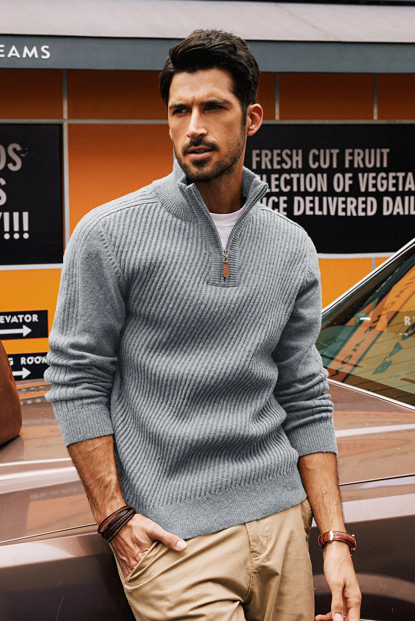 Men Stand Collar Sweater Long Sleeve Zip-up Neck Ribbed Cuff Pullover