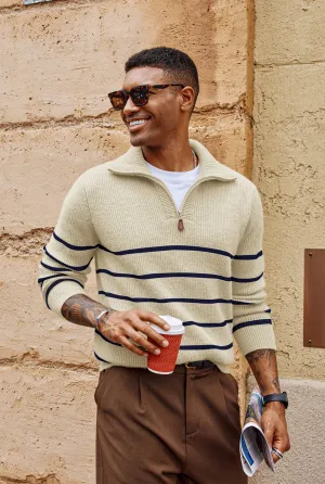 Men Striped Sweater Long Sleeve Lapel Collar Zip-up Neck Pullover