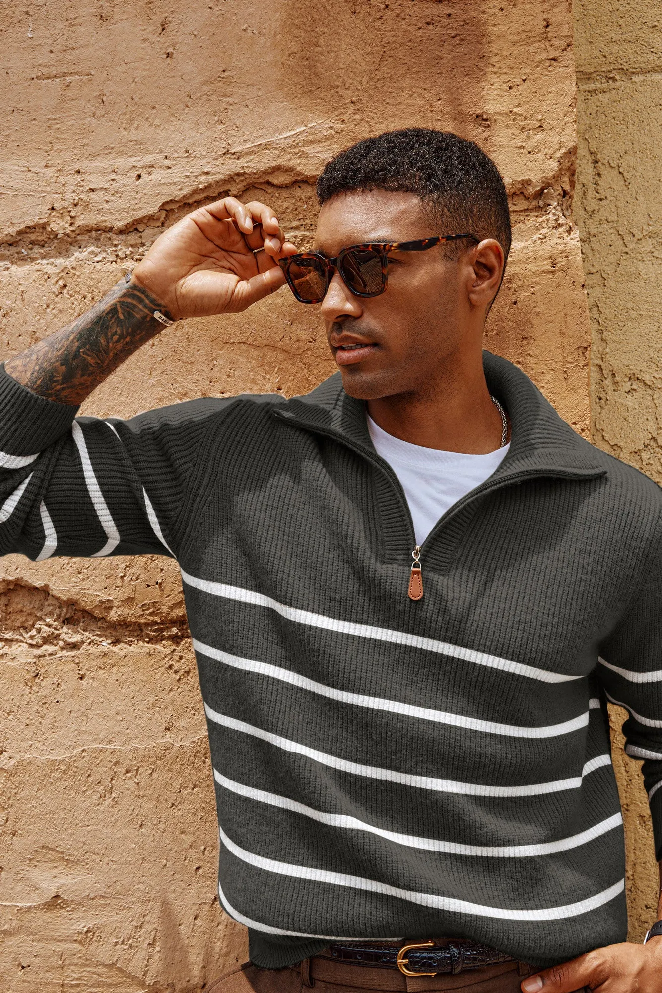 Men Striped Sweater Long Sleeve Lapel Collar Zip-up Neck Pullover