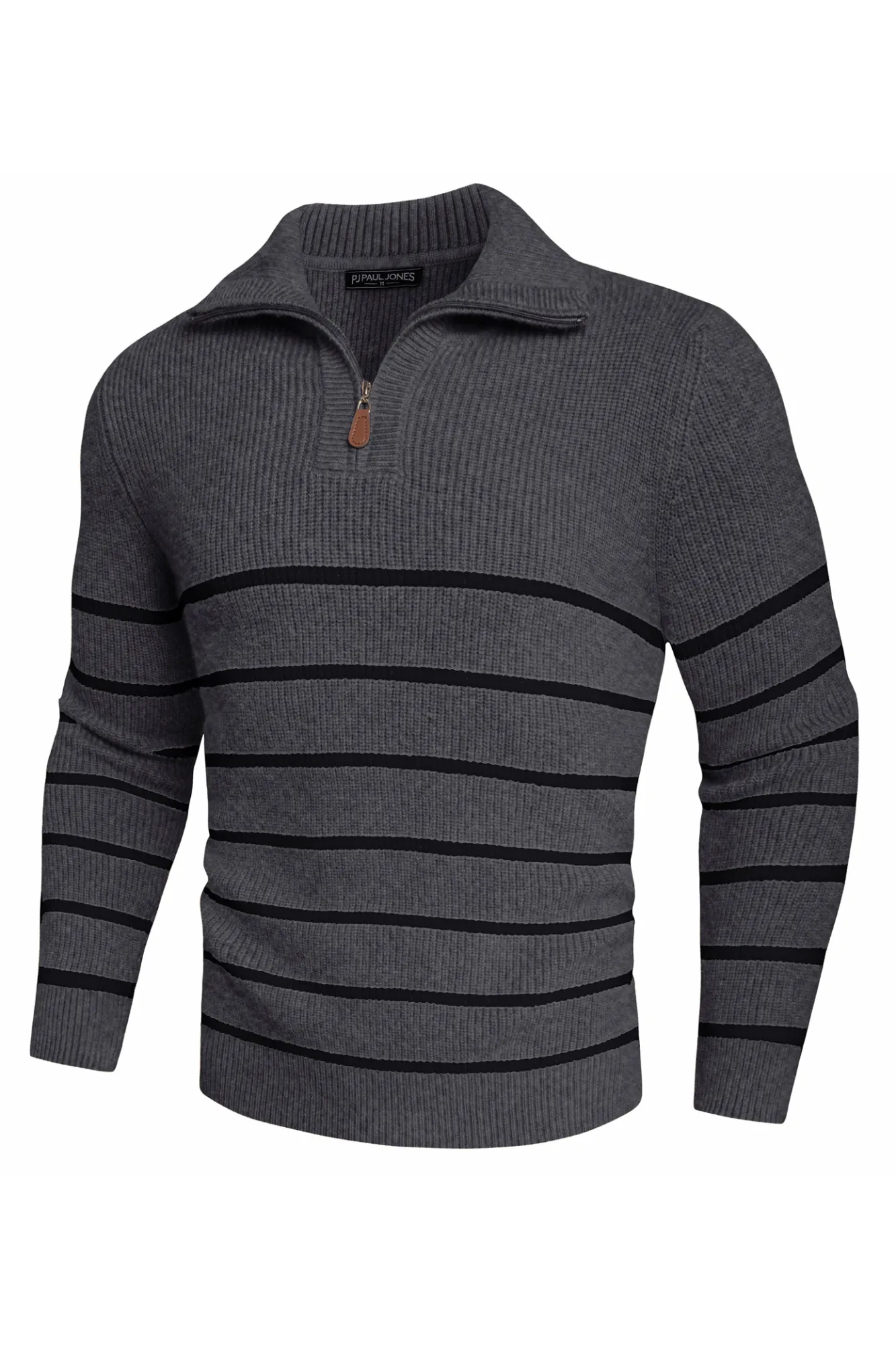 Men Striped Sweater Long Sleeve Lapel Collar Zip-up Neck Pullover