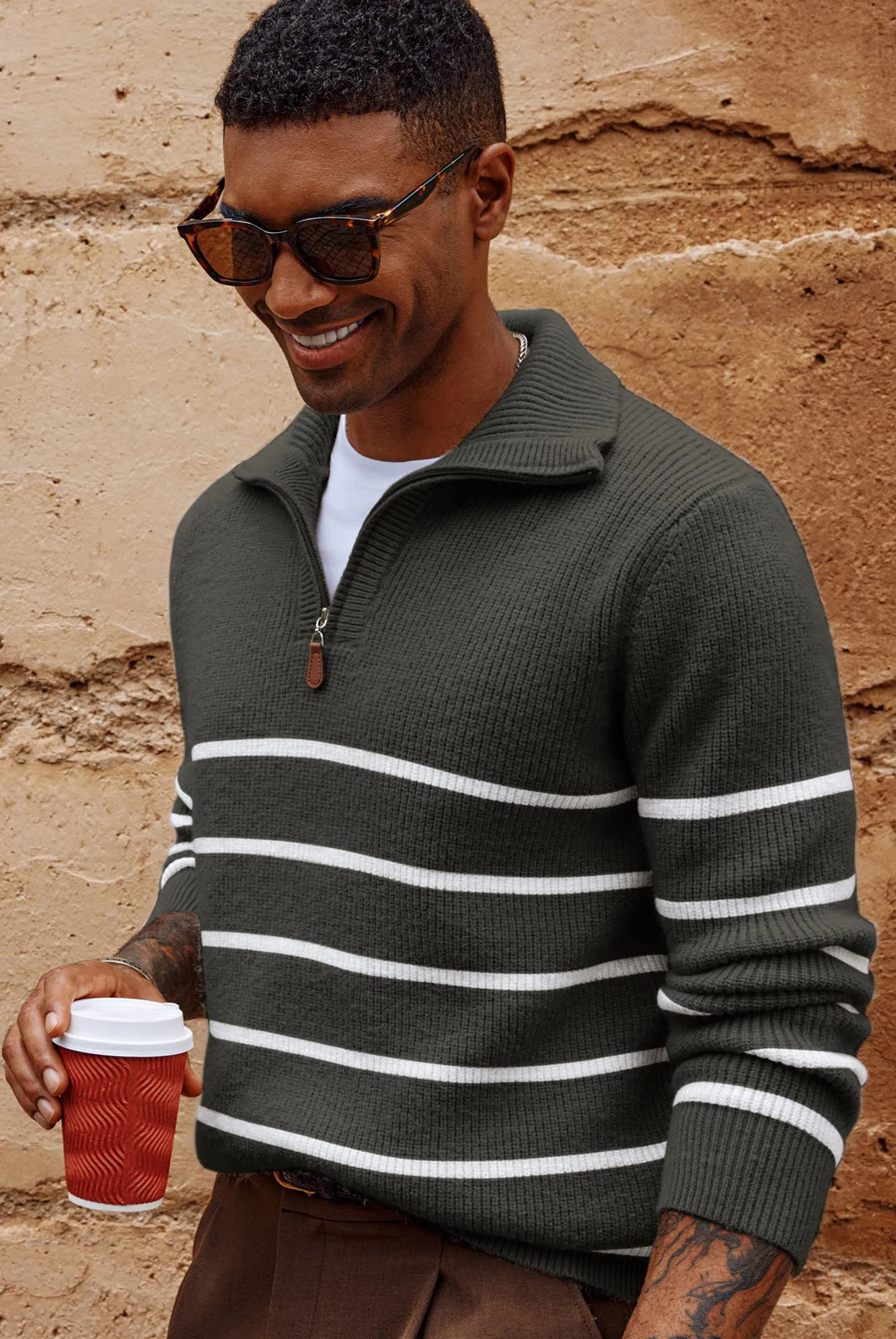 Men Striped Sweater Long Sleeve Lapel Collar Zip-up Neck Pullover