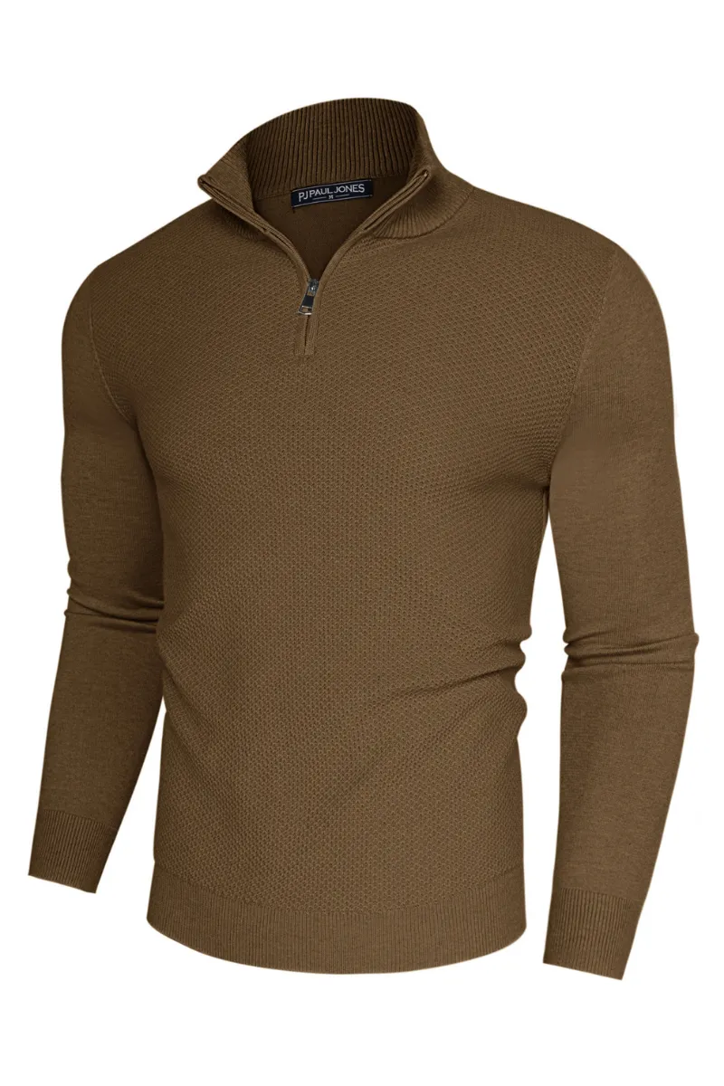 Men Textured Sweater Long Sleeve Stand Collar Zip-up Neck Pullover Knitwear