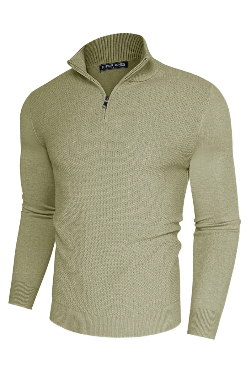 Men Textured Sweater Long Sleeve Stand Collar Zip-up Neck Pullover Knitwear