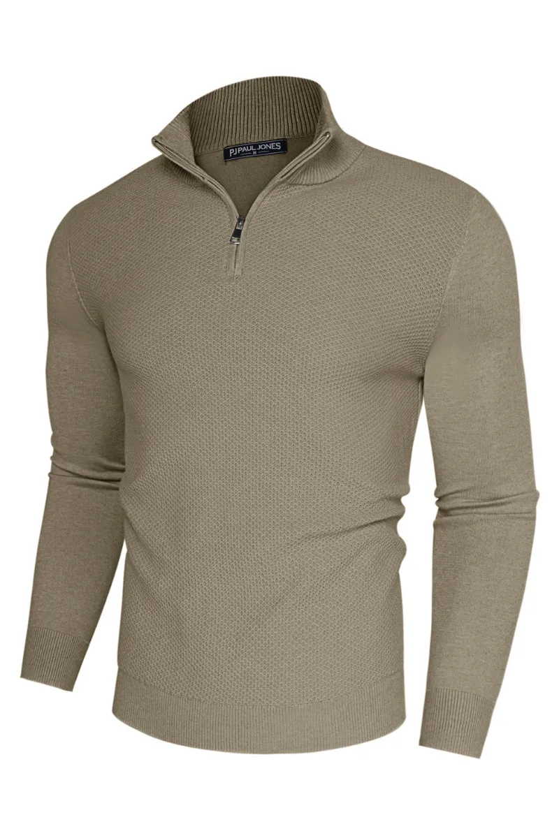 Men Textured Sweater Long Sleeve Stand Collar Zip-up Neck Pullover Knitwear