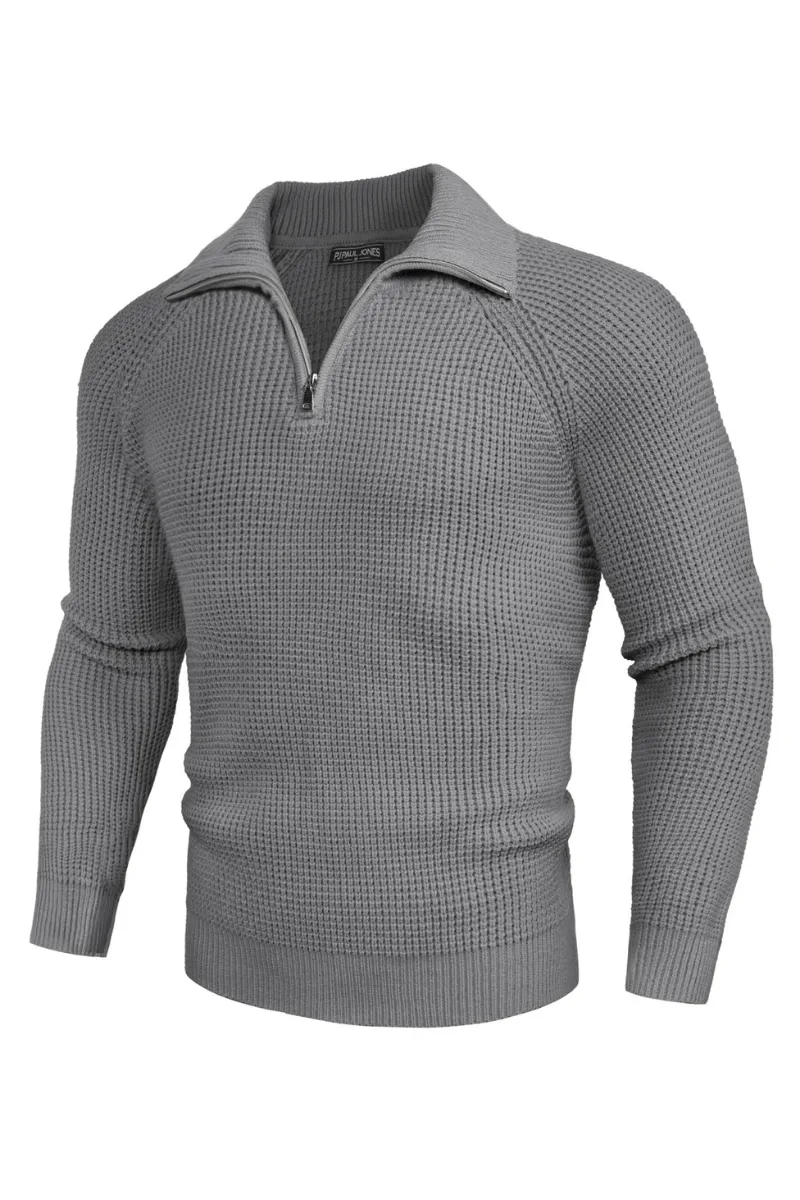 Men Waffle Textured Sweater Long Raglan Sleeve Lapel Collar Pullover