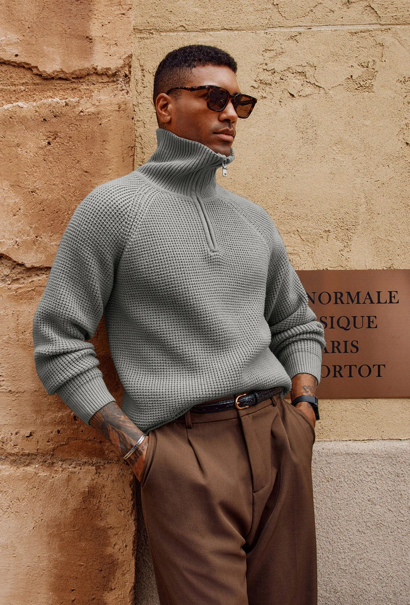 Men Waffle Textured Sweater Long Raglan Sleeve Lapel Collar Pullover