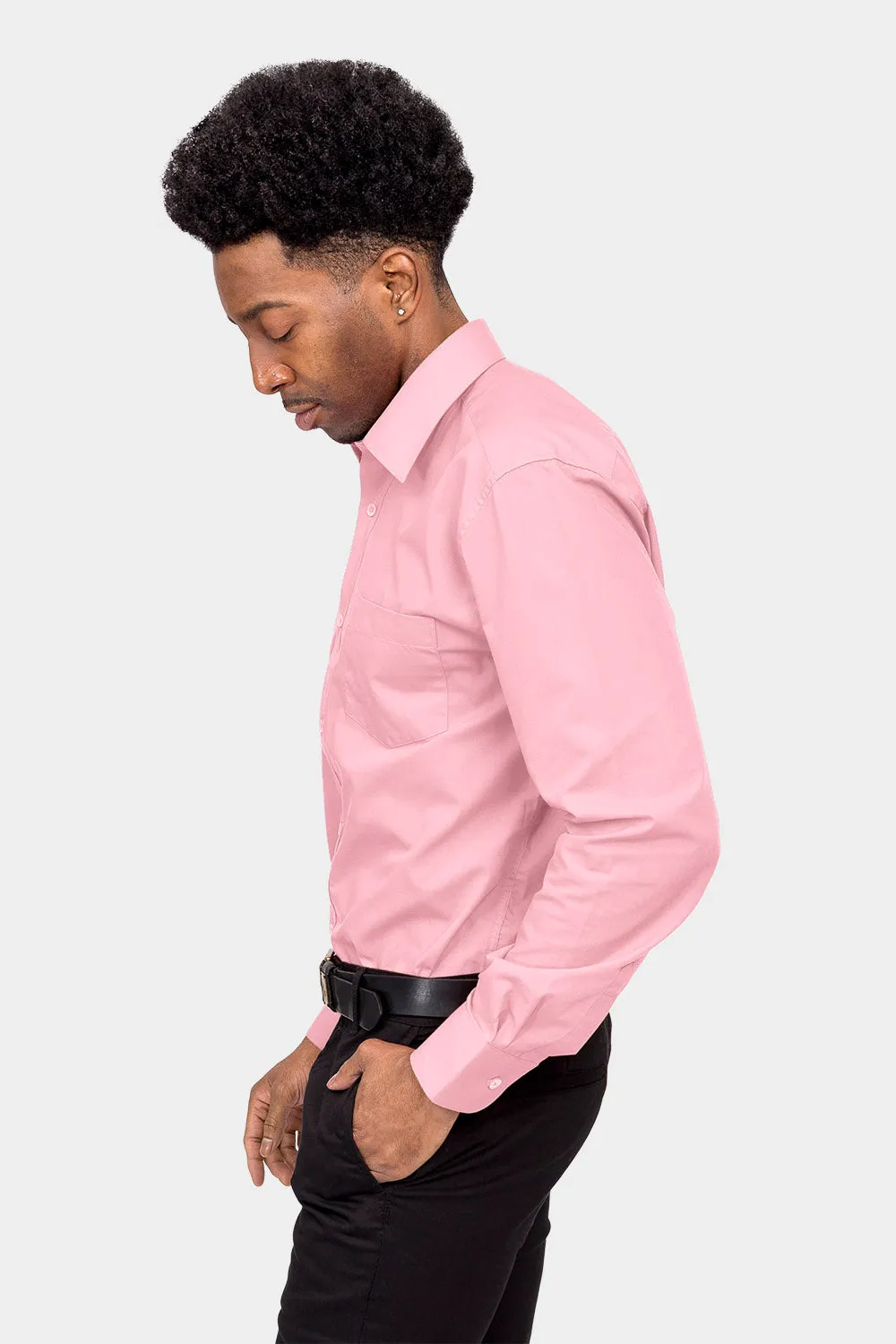 Men's Basic Solid Color Button Up Dress Shirt (Pink)