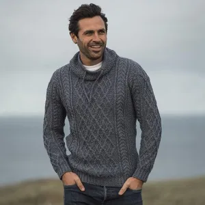 Men's Merino Wool Aran Sweater with Drawcords