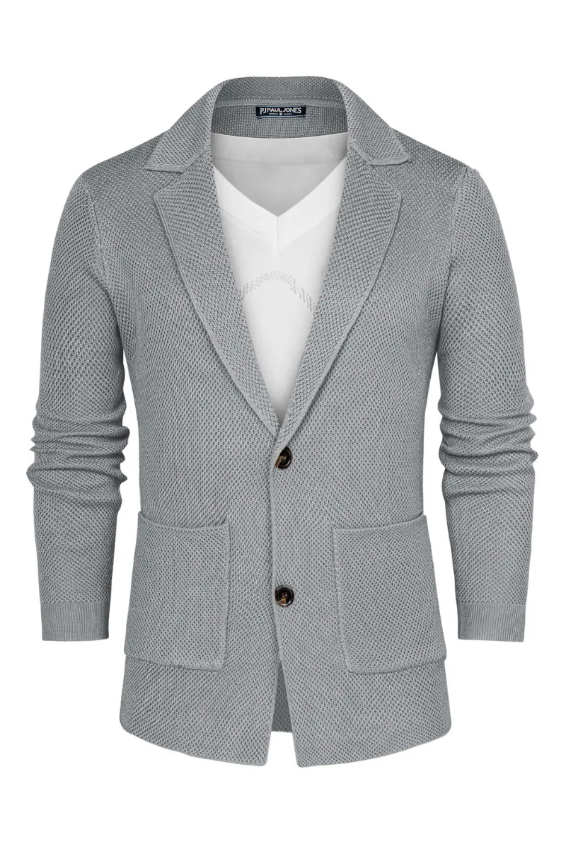 Mens Notch Collar Cardigan Sweaters Knit Textured Sweater Button Down Blazer with Pockets