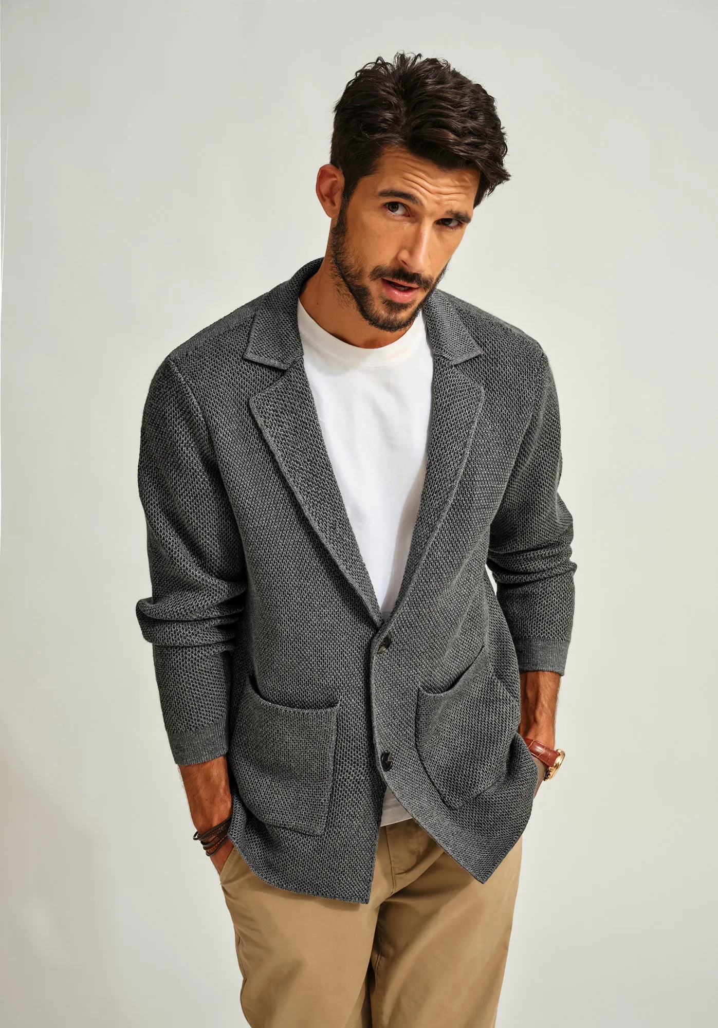 Mens Notch Collar Cardigan Sweaters Knit Textured Sweater Button Down Blazer with Pockets