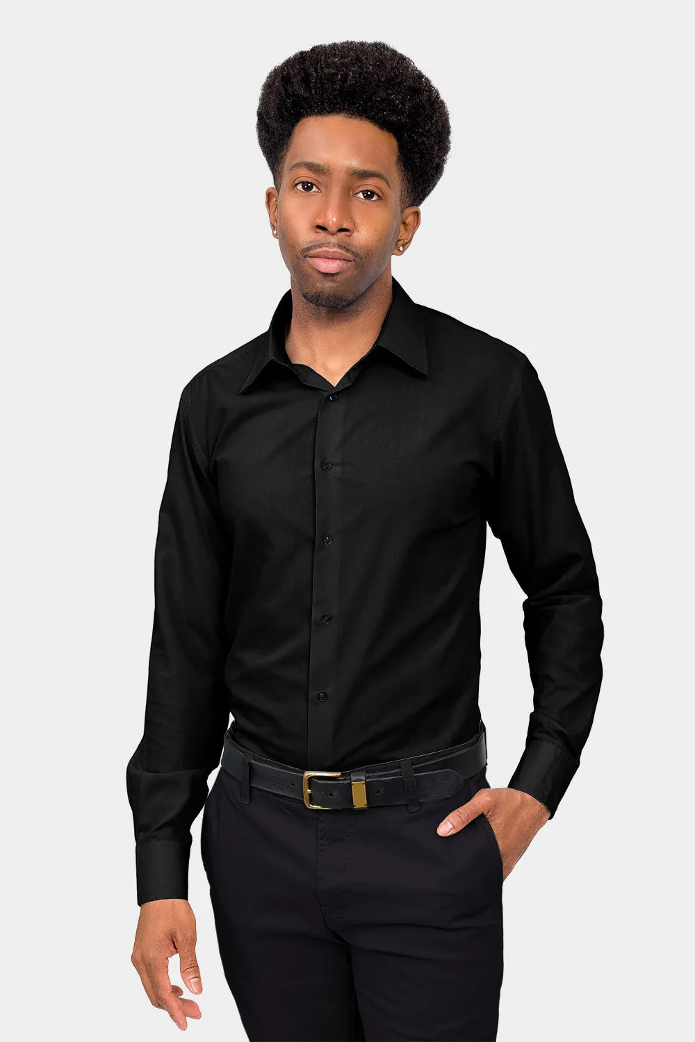 Men's Slim Fit Solid Color Dress Shirt (Black)