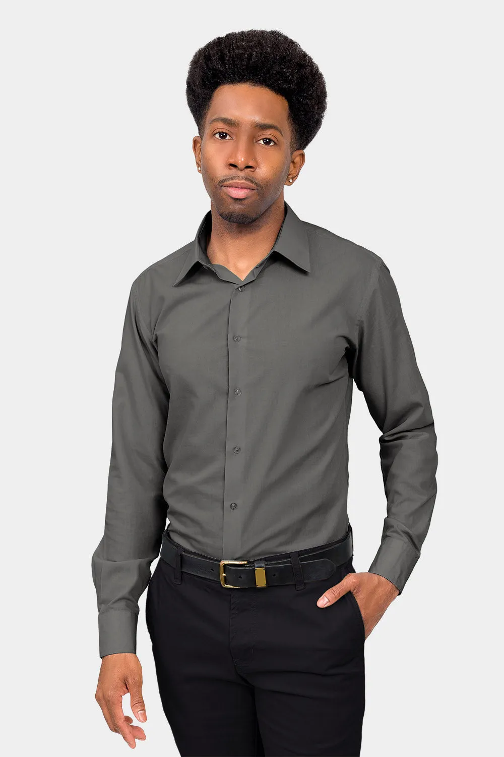 Men's Slim Fit Solid Color Dress Shirt (Charcoal)