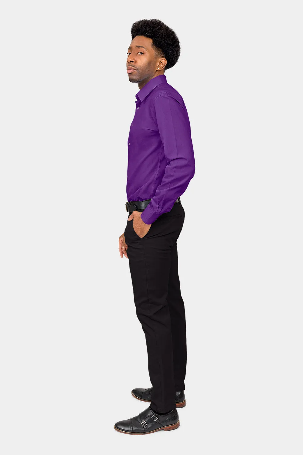 Men's Slim Fit Solid Color Dress Shirt (Purple)