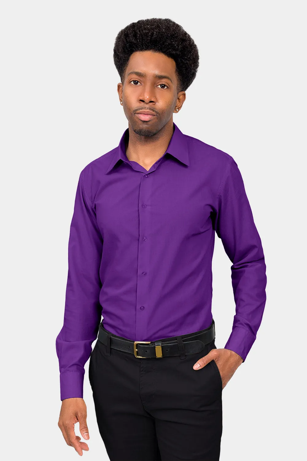 Men's Slim Fit Solid Color Dress Shirt (Purple)