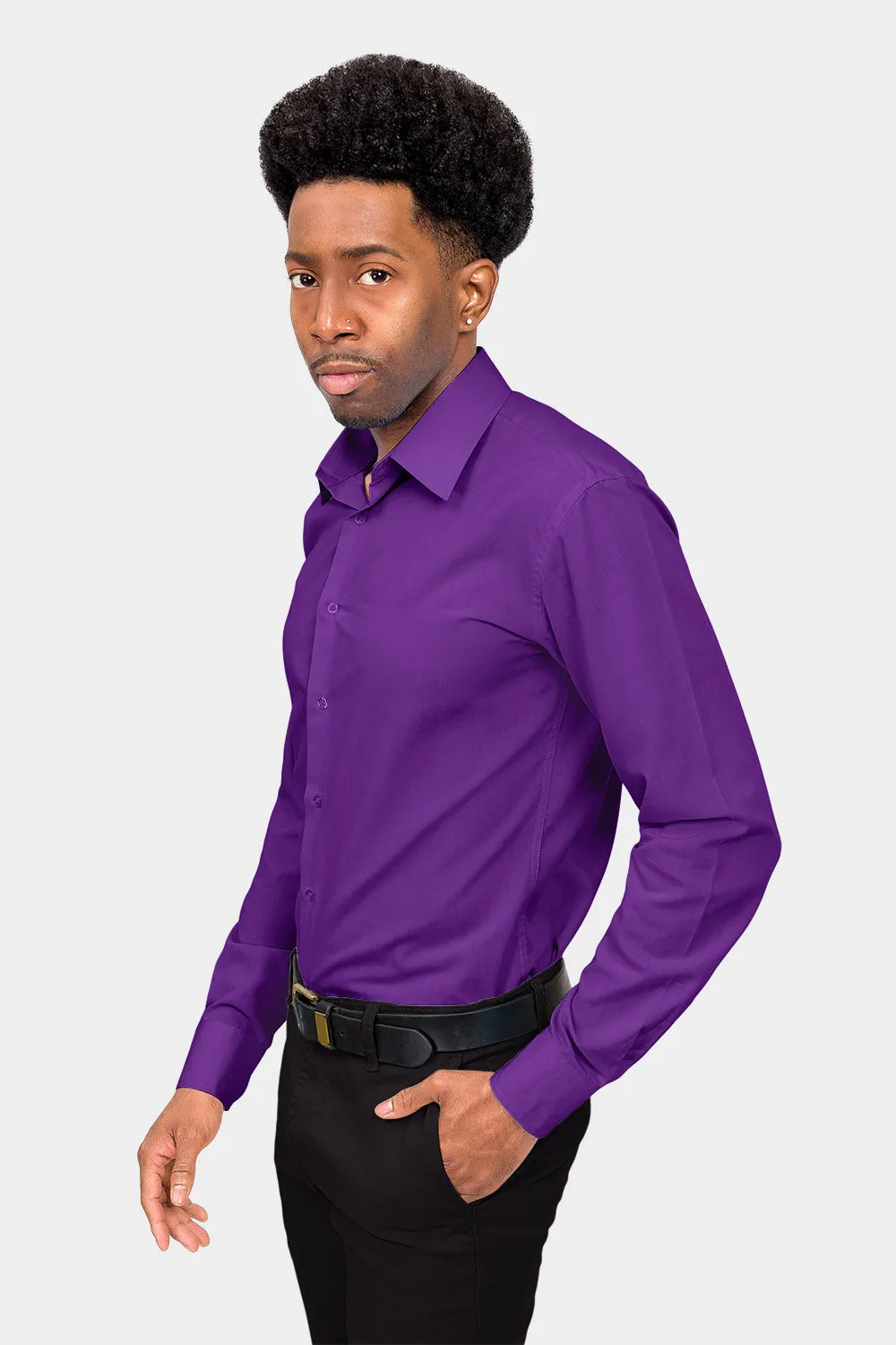 Men's Slim Fit Solid Color Dress Shirt (Purple)