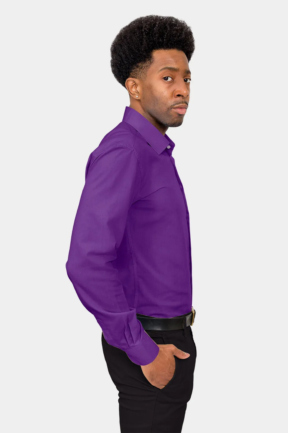 Men's Slim Fit Solid Color Dress Shirt (Purple)